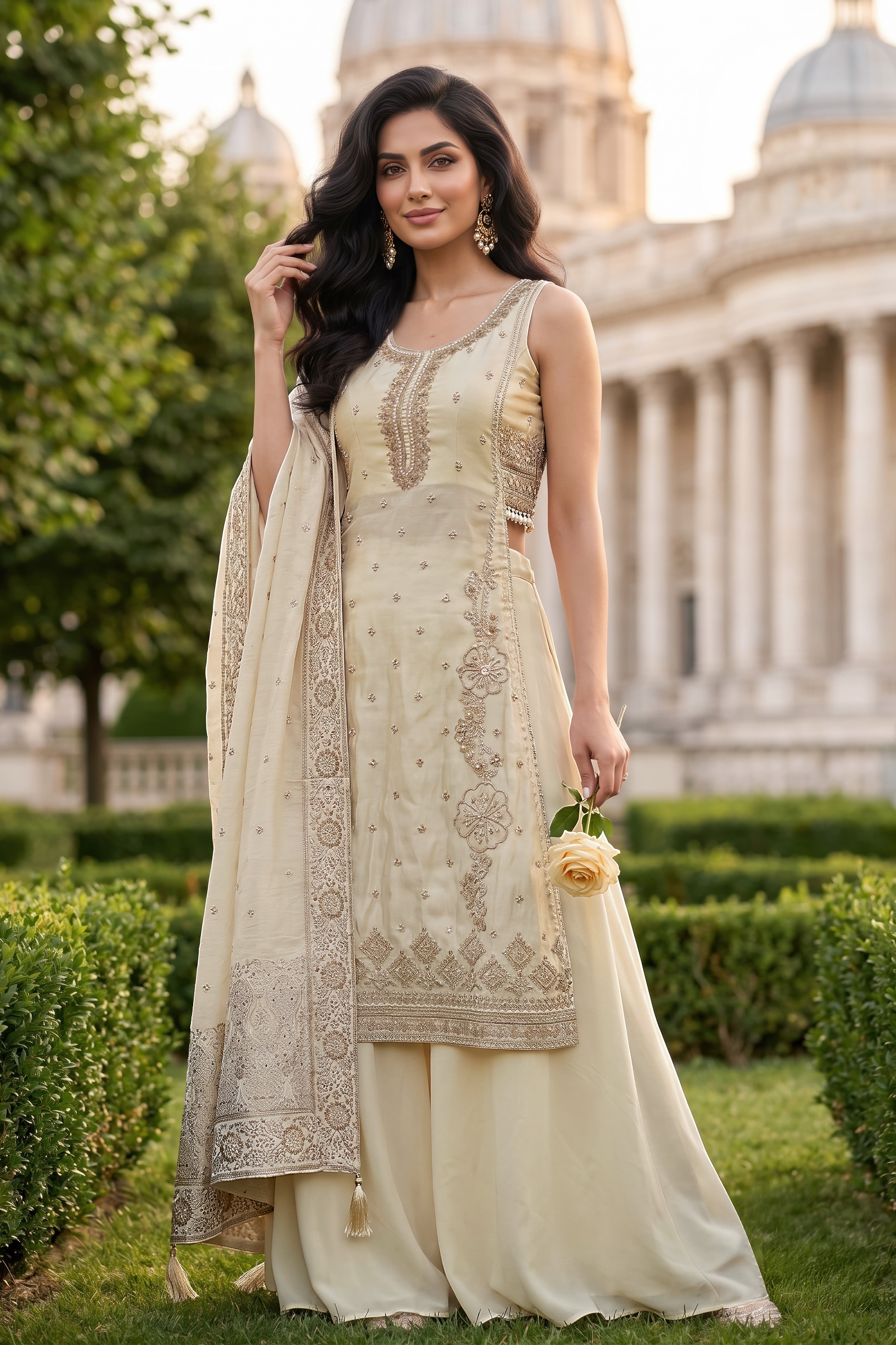 Shiny Cream Embellished Shimmer Organza Silk Palazzo Set