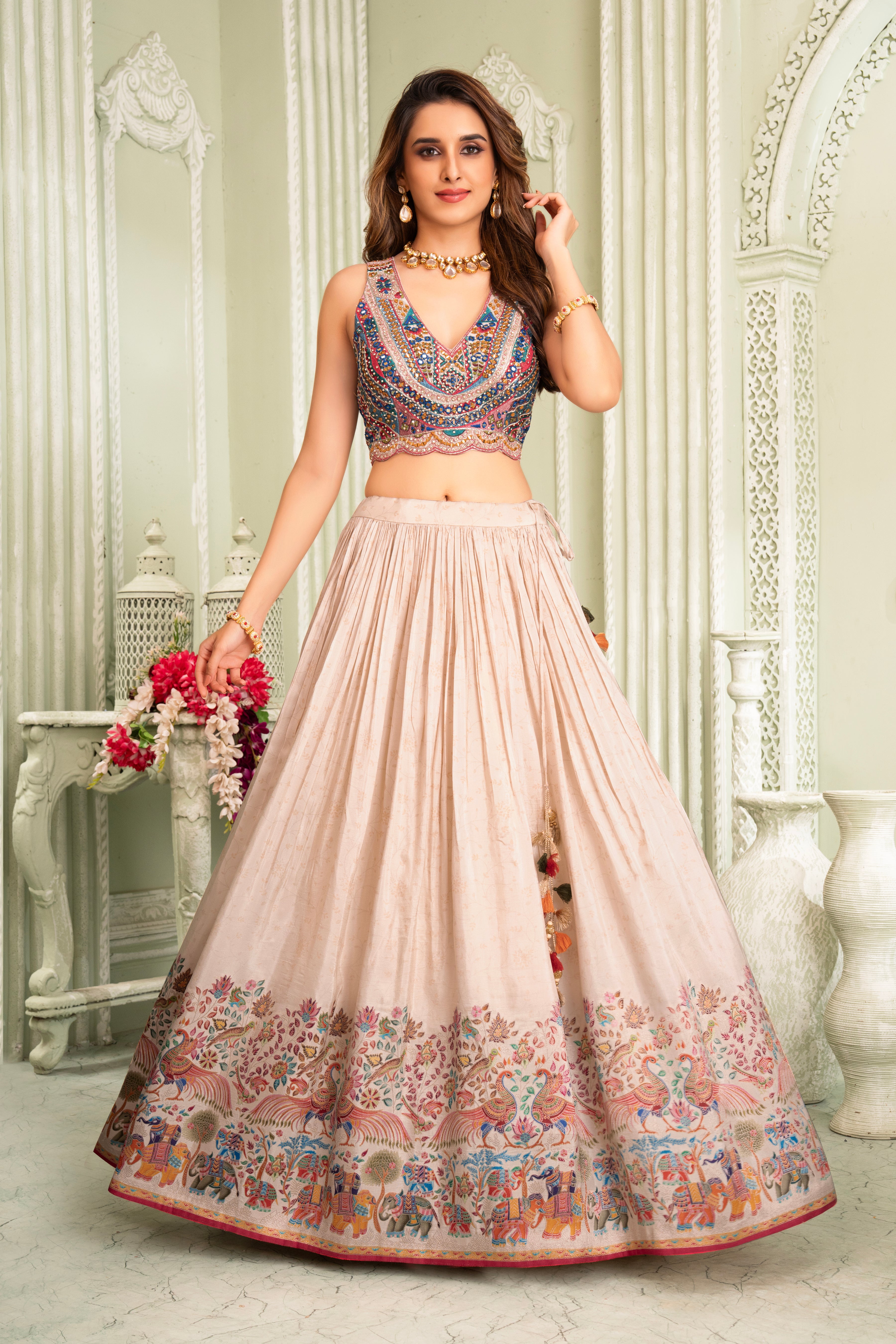 Cream Beige Zari Woven Lehenga Set