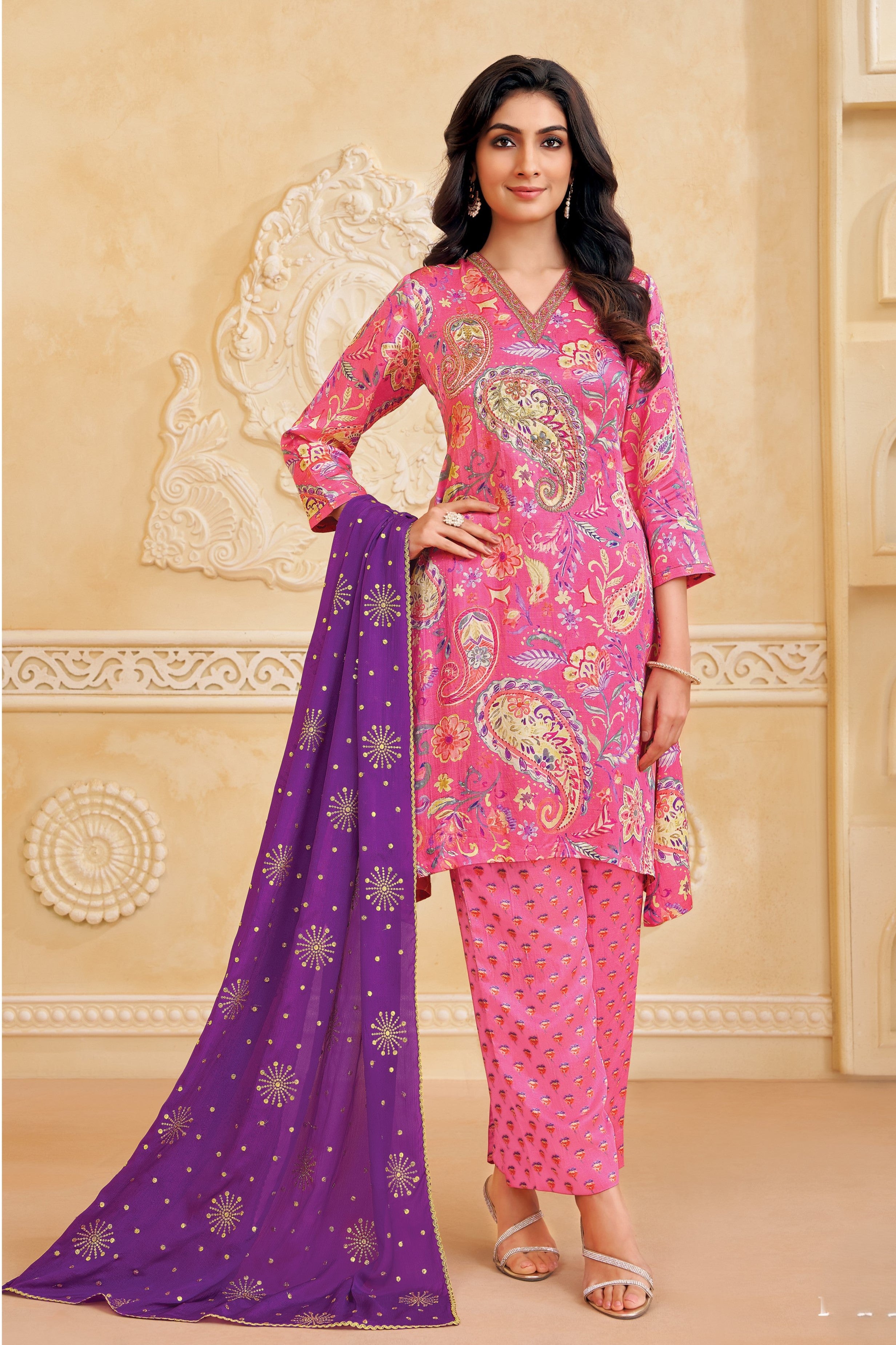 Petal Pink Printed Satin Silk Pant Set