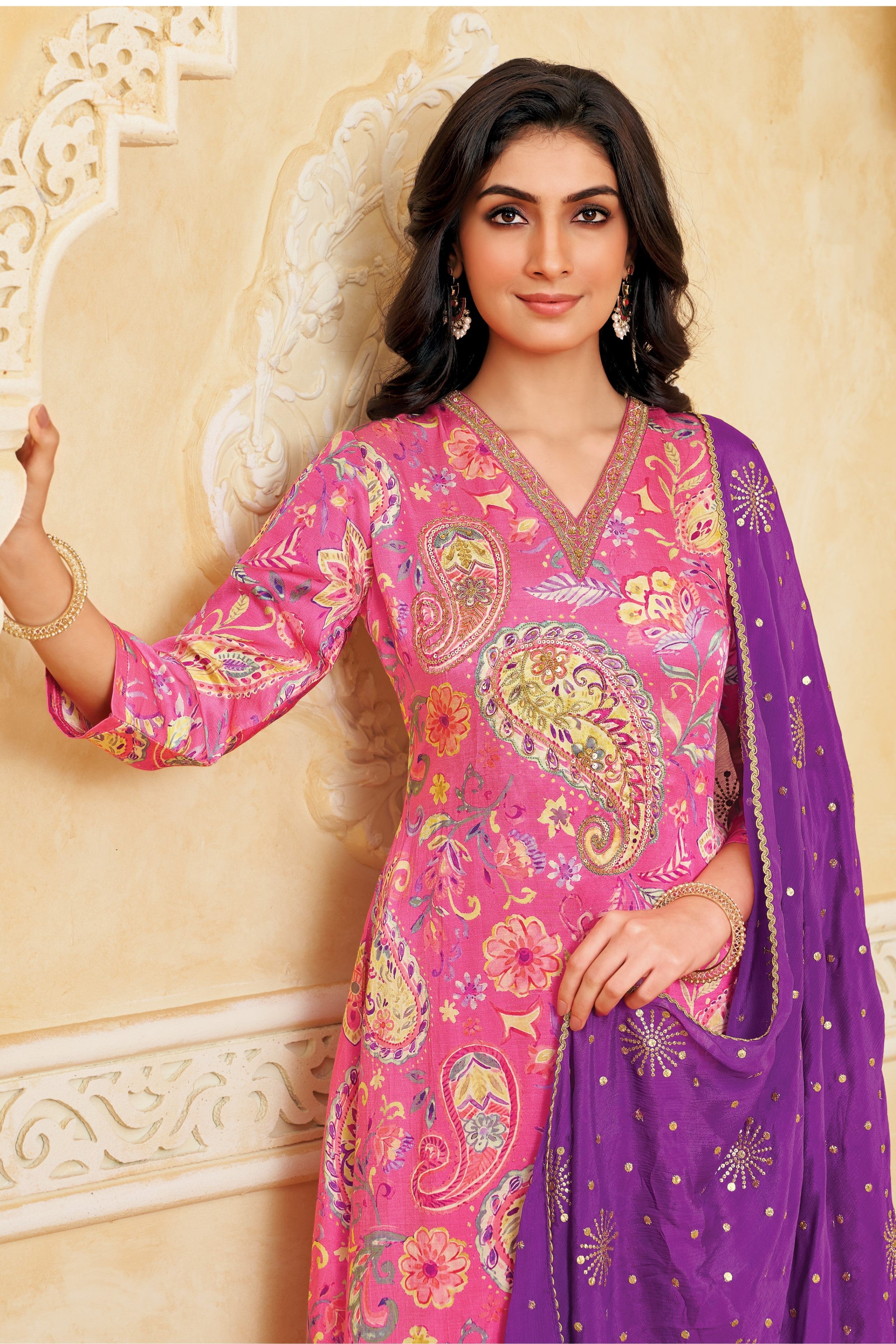 Petal Pink Printed Satin Silk Pant Set