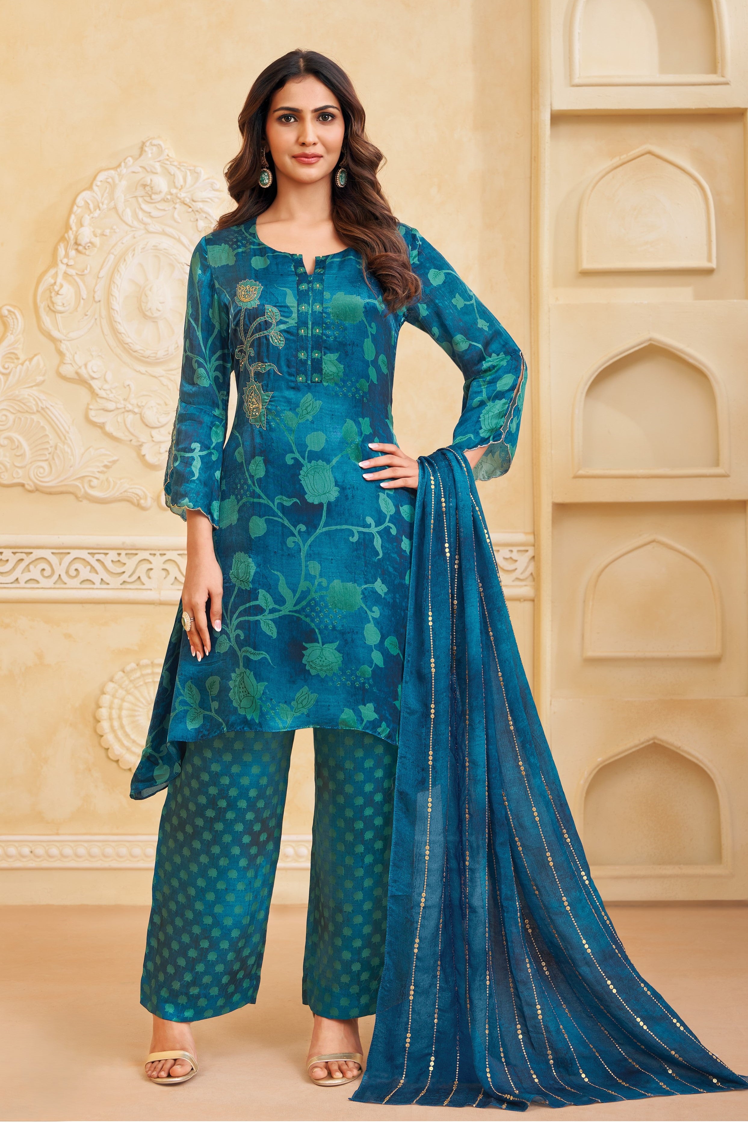 Teal Printed Satin Silk Pant Set
