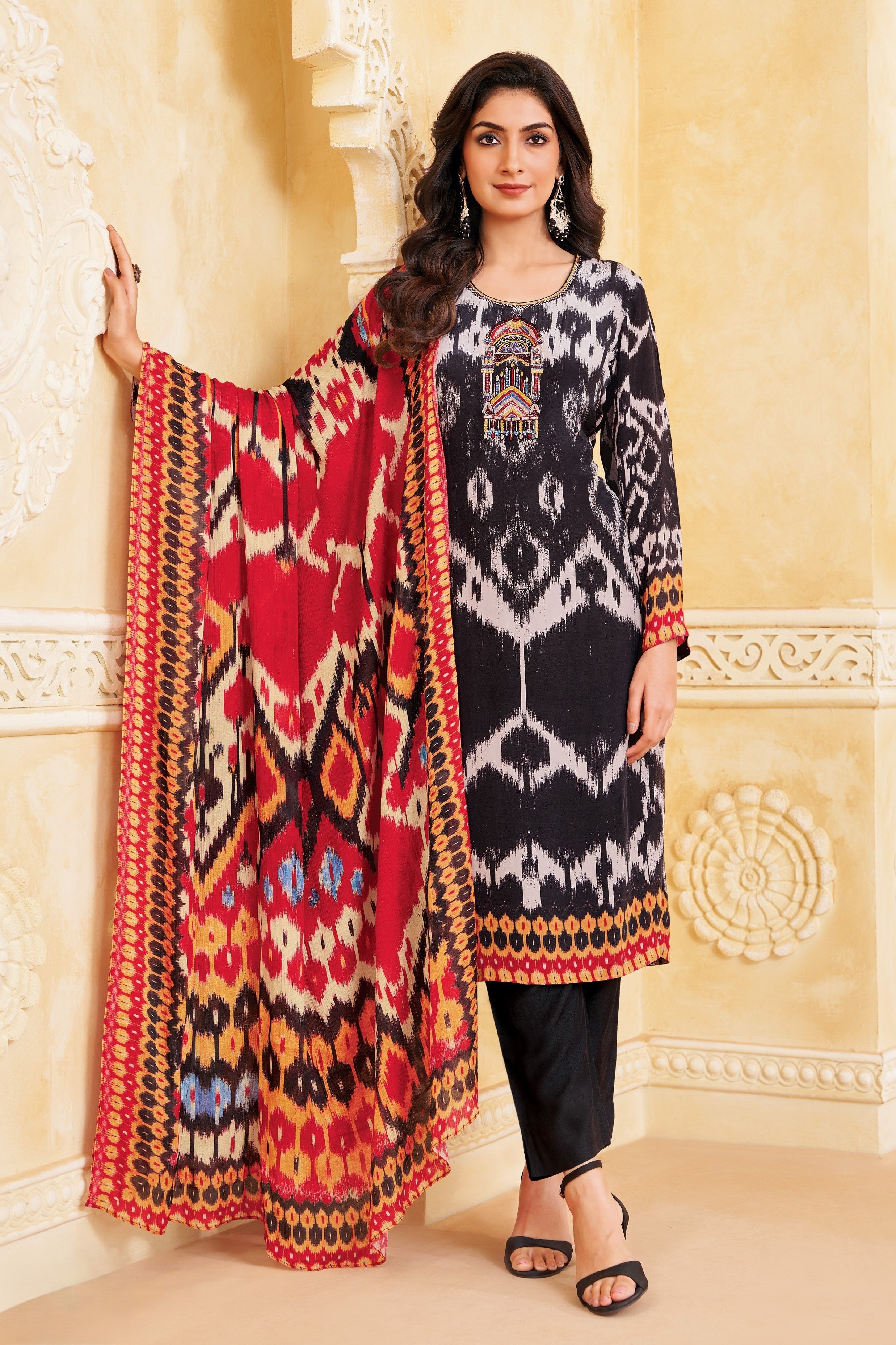 Black and White Printed Crepe Silk Pant Set