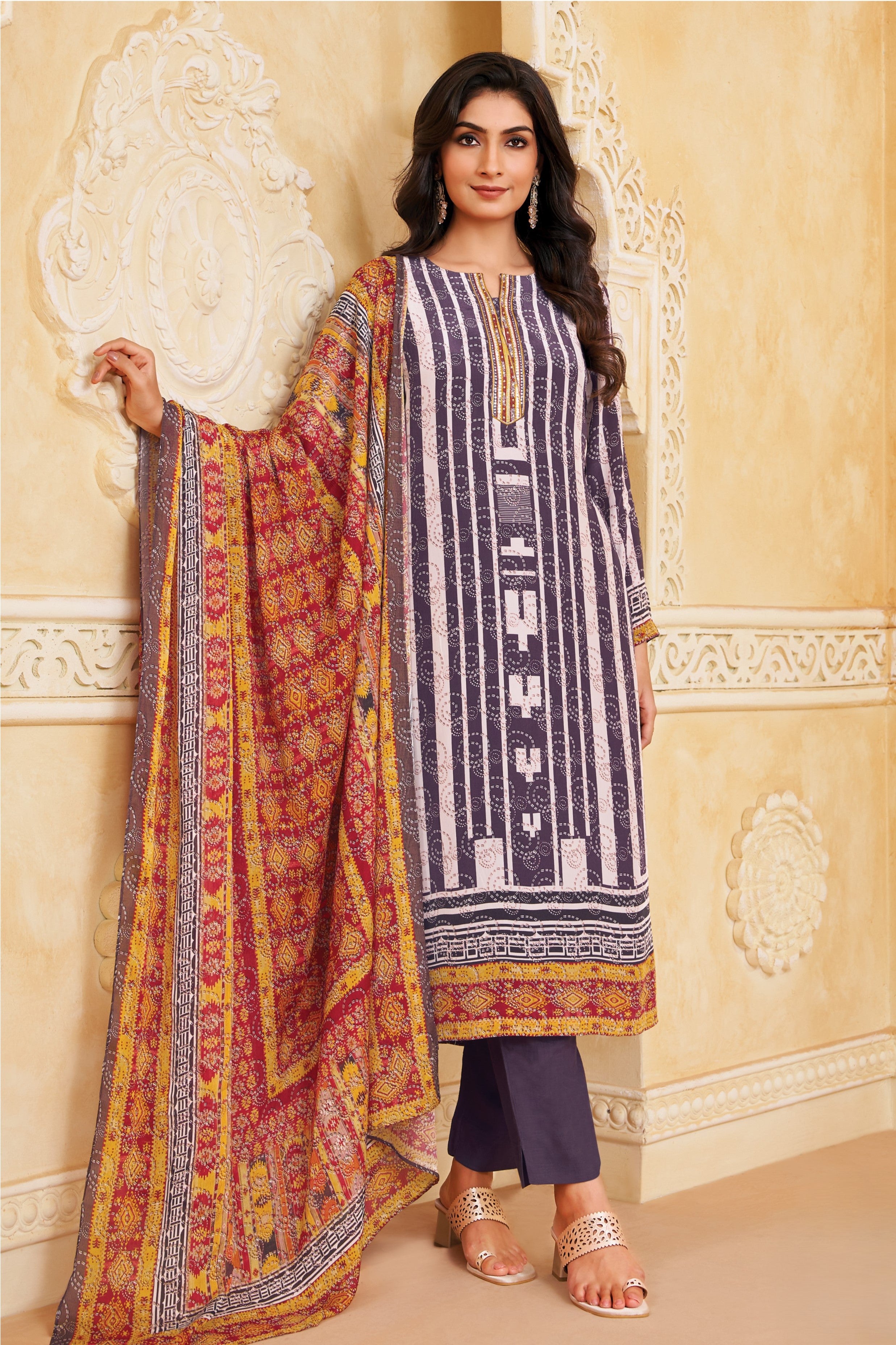 Dark Purple Printed Crepe Silk Pant Set