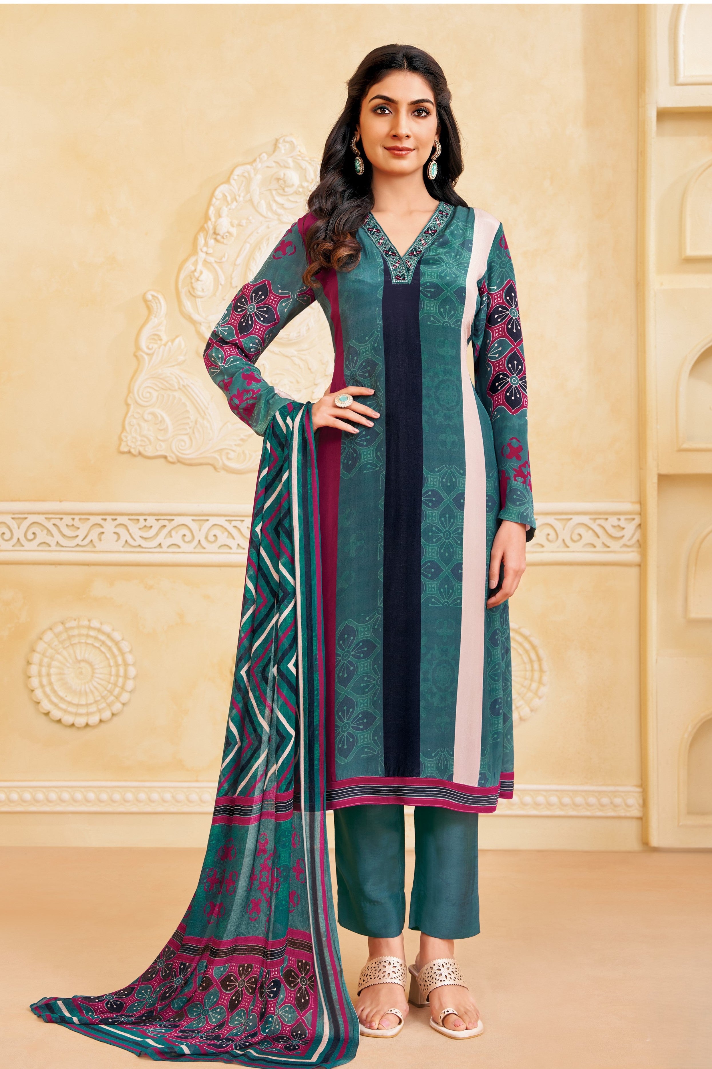 Teal Green Printed Crepe Silk Pant Set