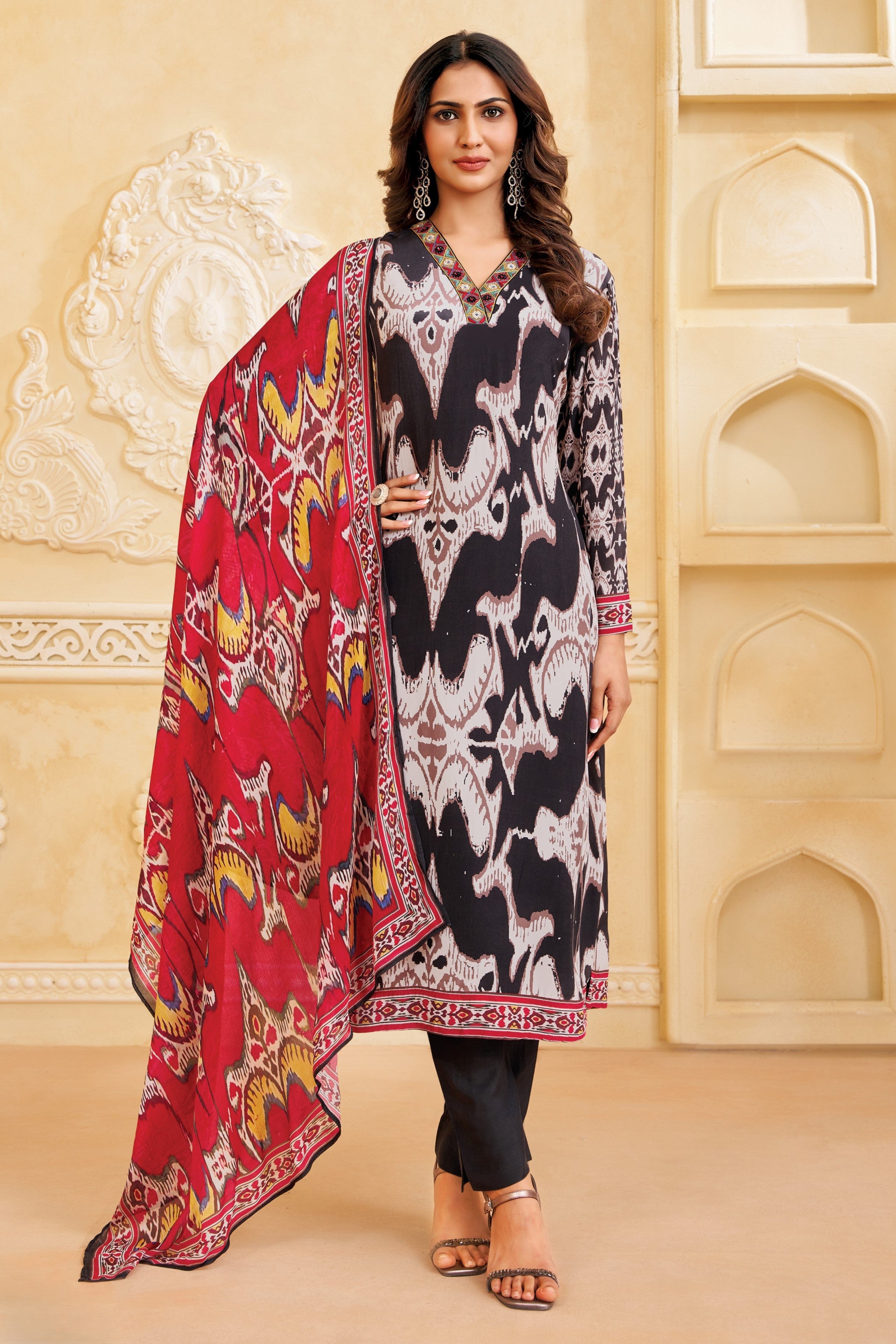 Jet Black Printed Crepe Silk Pant Set