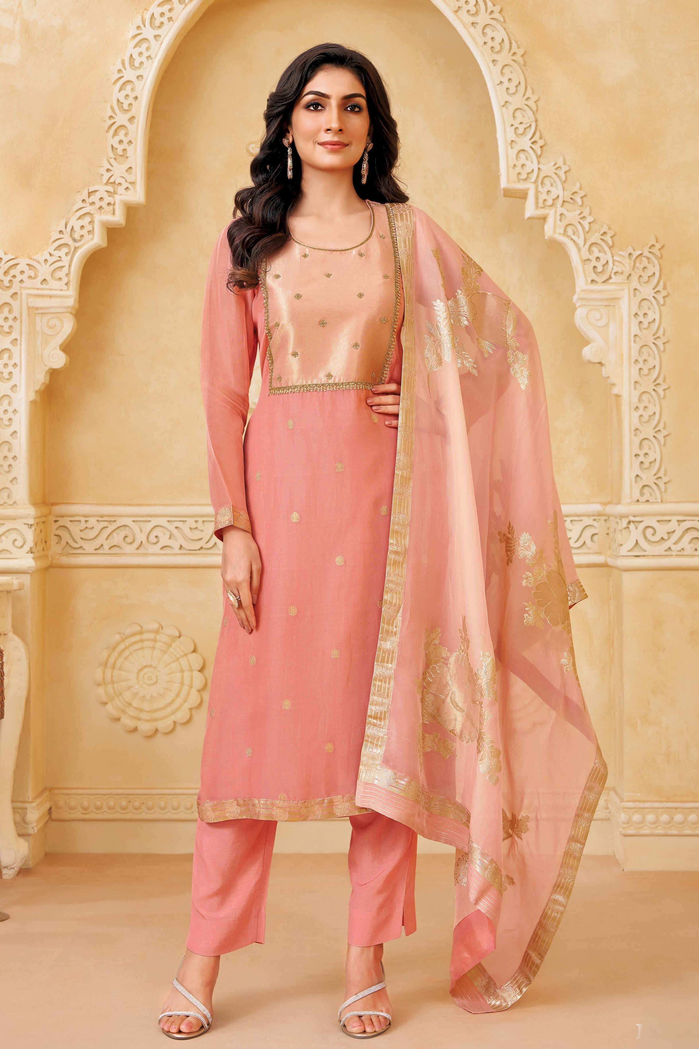 Peach Pink Embellished Organza Silk Pant Set