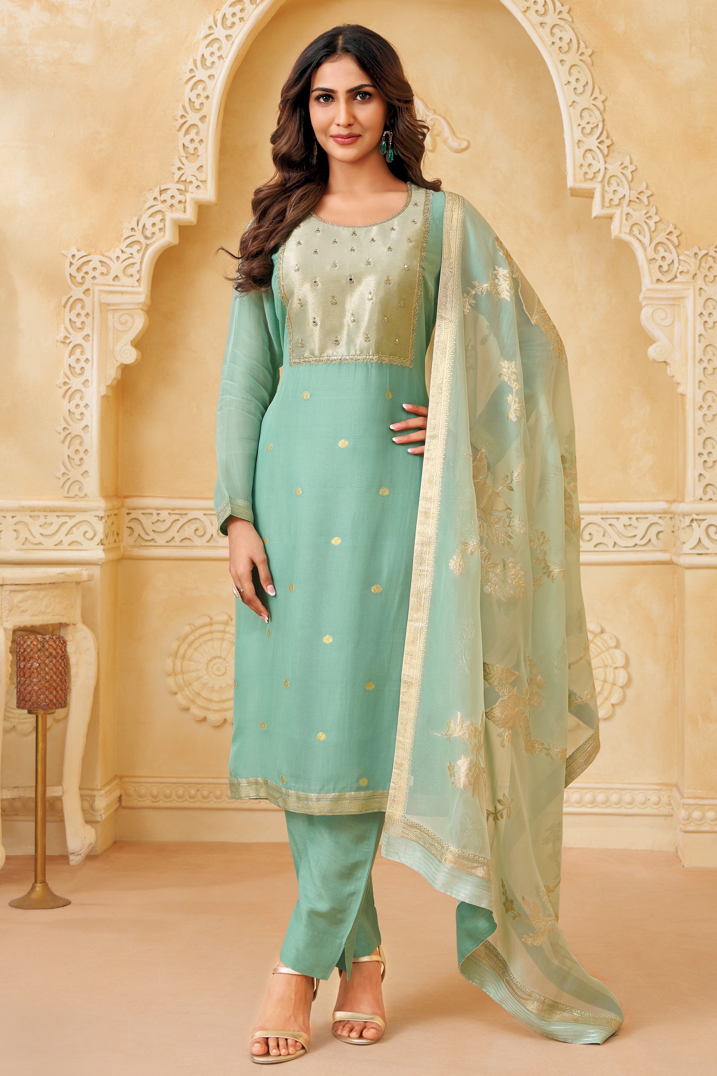 Seafoam Green Embellished Organza Silk Pant Set