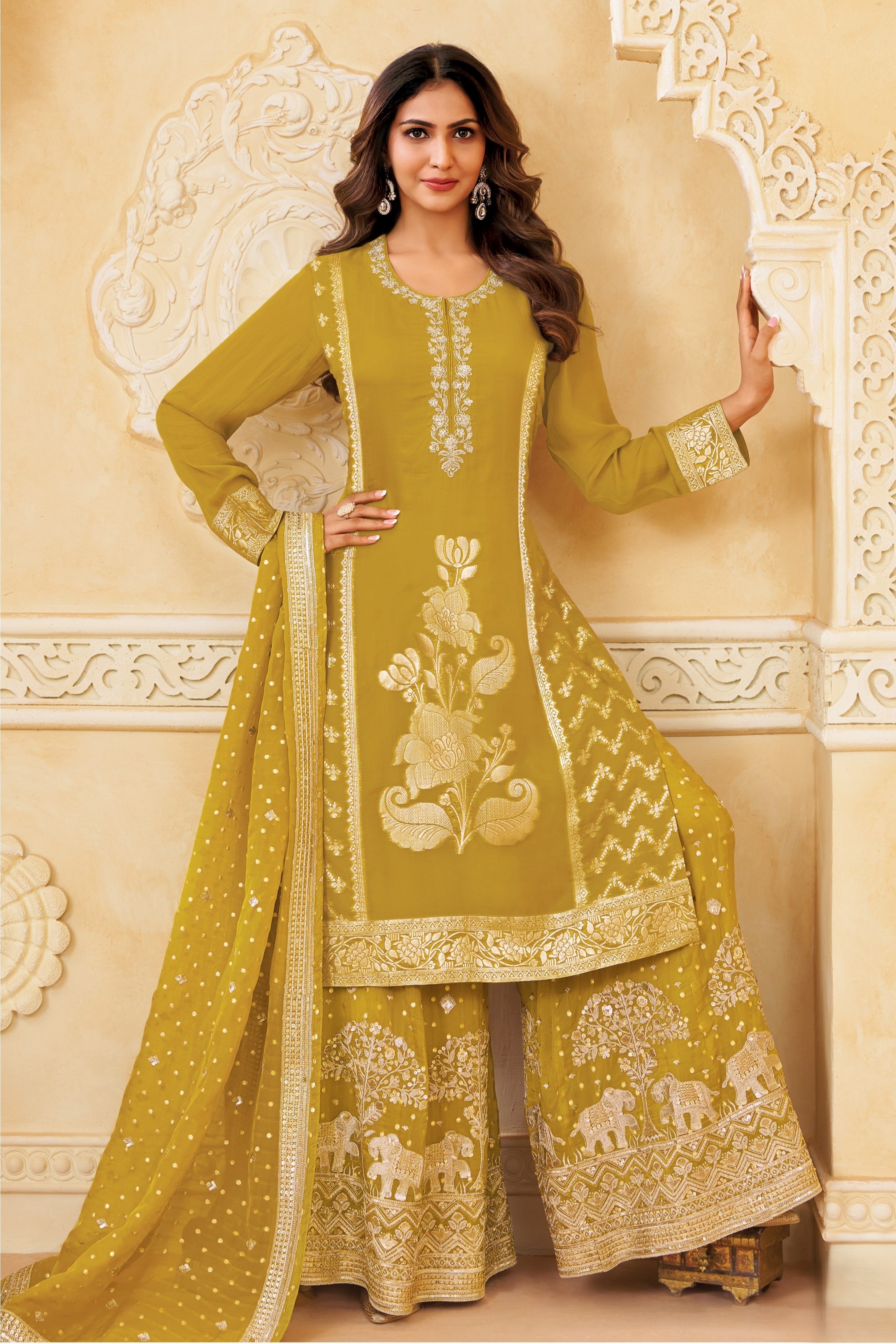 Ochre Yellow Embellished Organza Silk Palazzo Set
