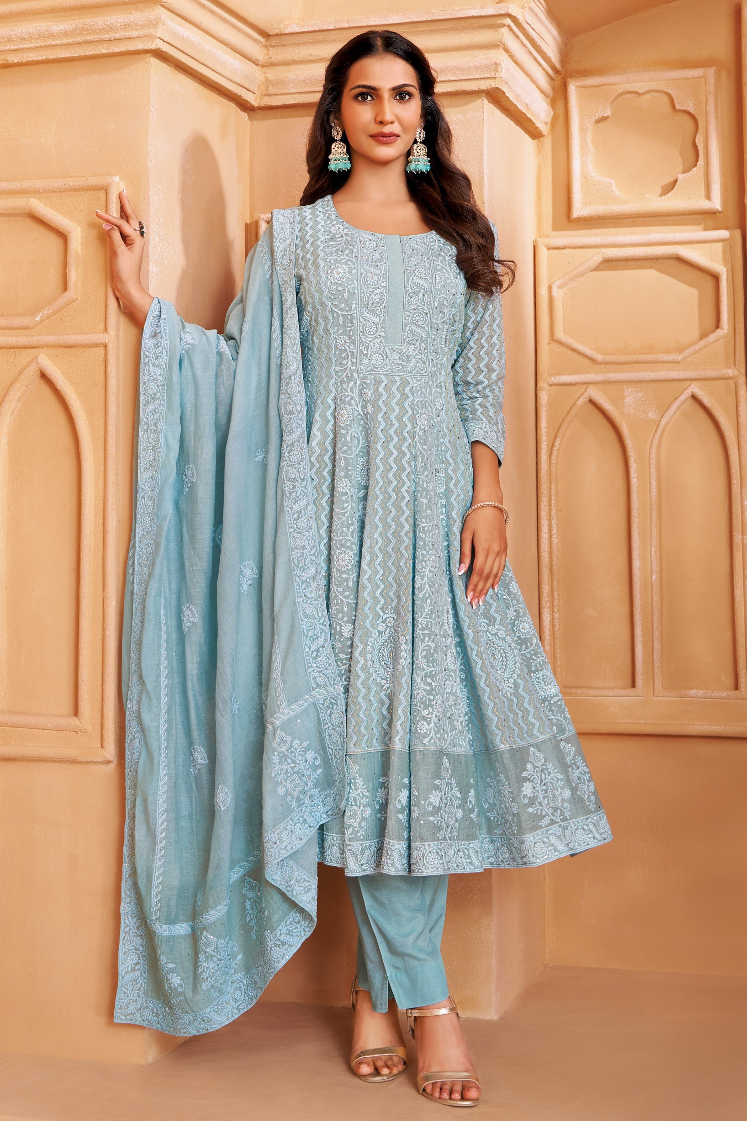 Sky Blue Embellished Mulchanderi Silk Anarkali Set