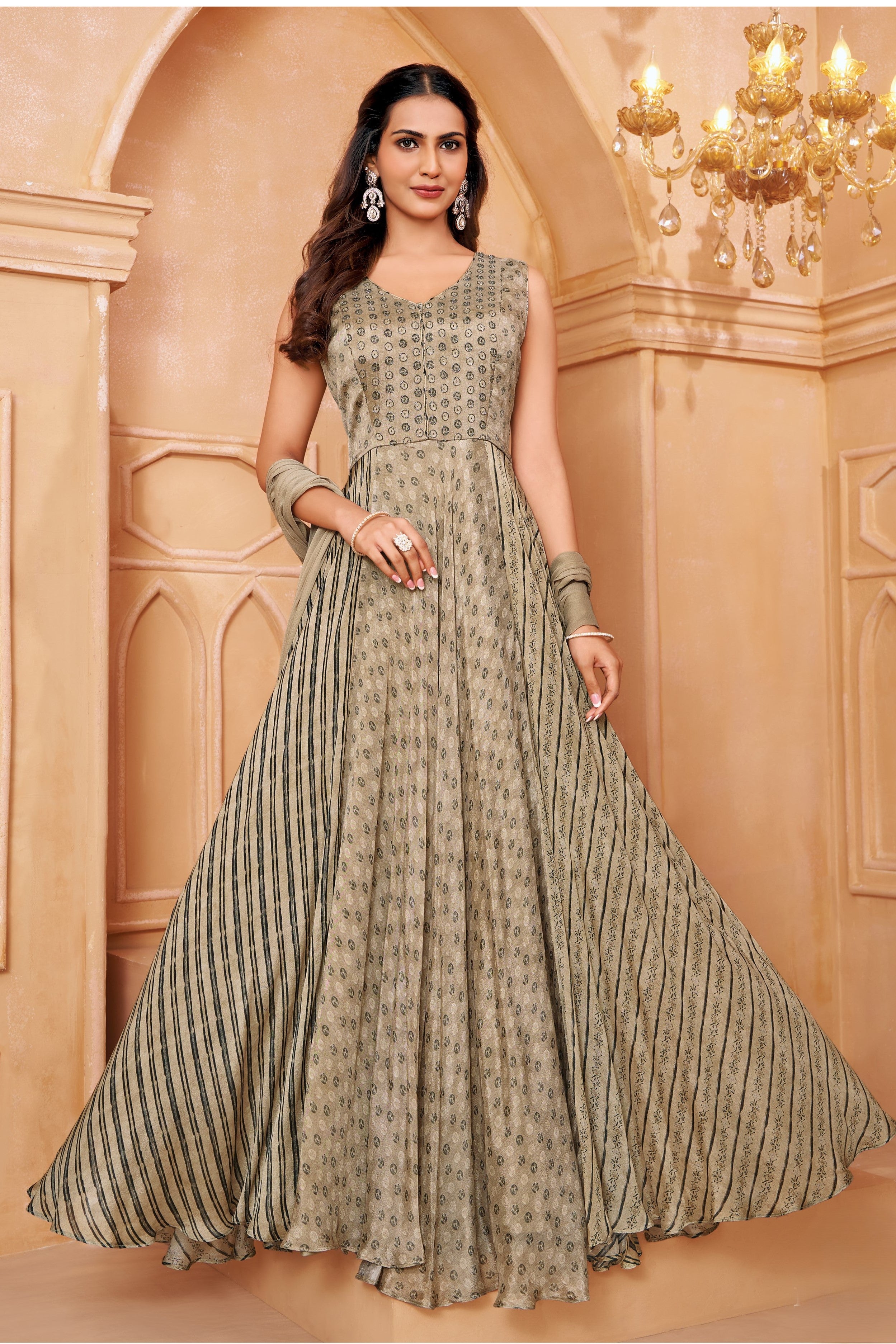 khaki Green Printed Crepe Silk Anarkali Set
