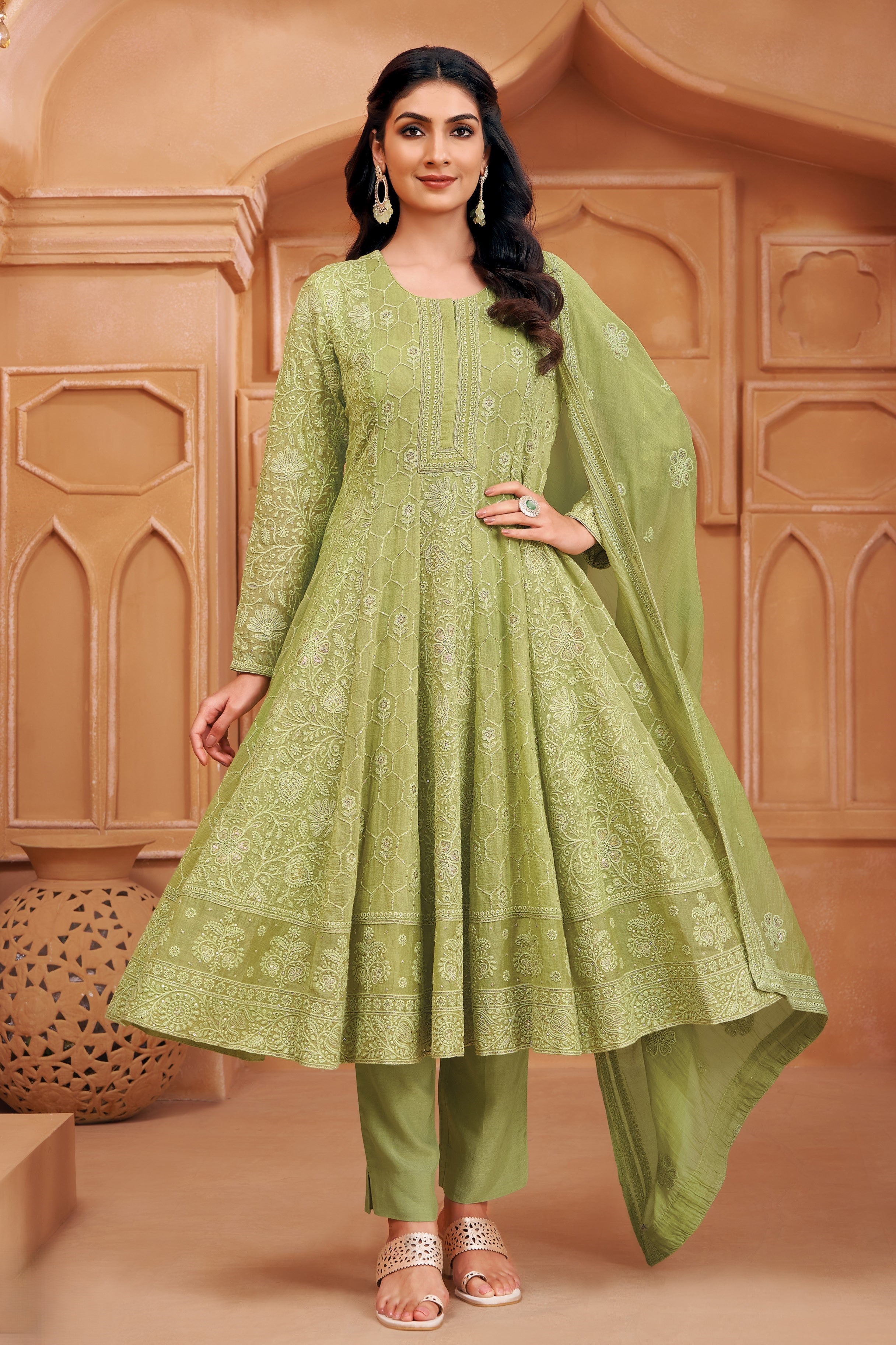 Sage Green Embellished Mulchanderi Silk Anarkali Set