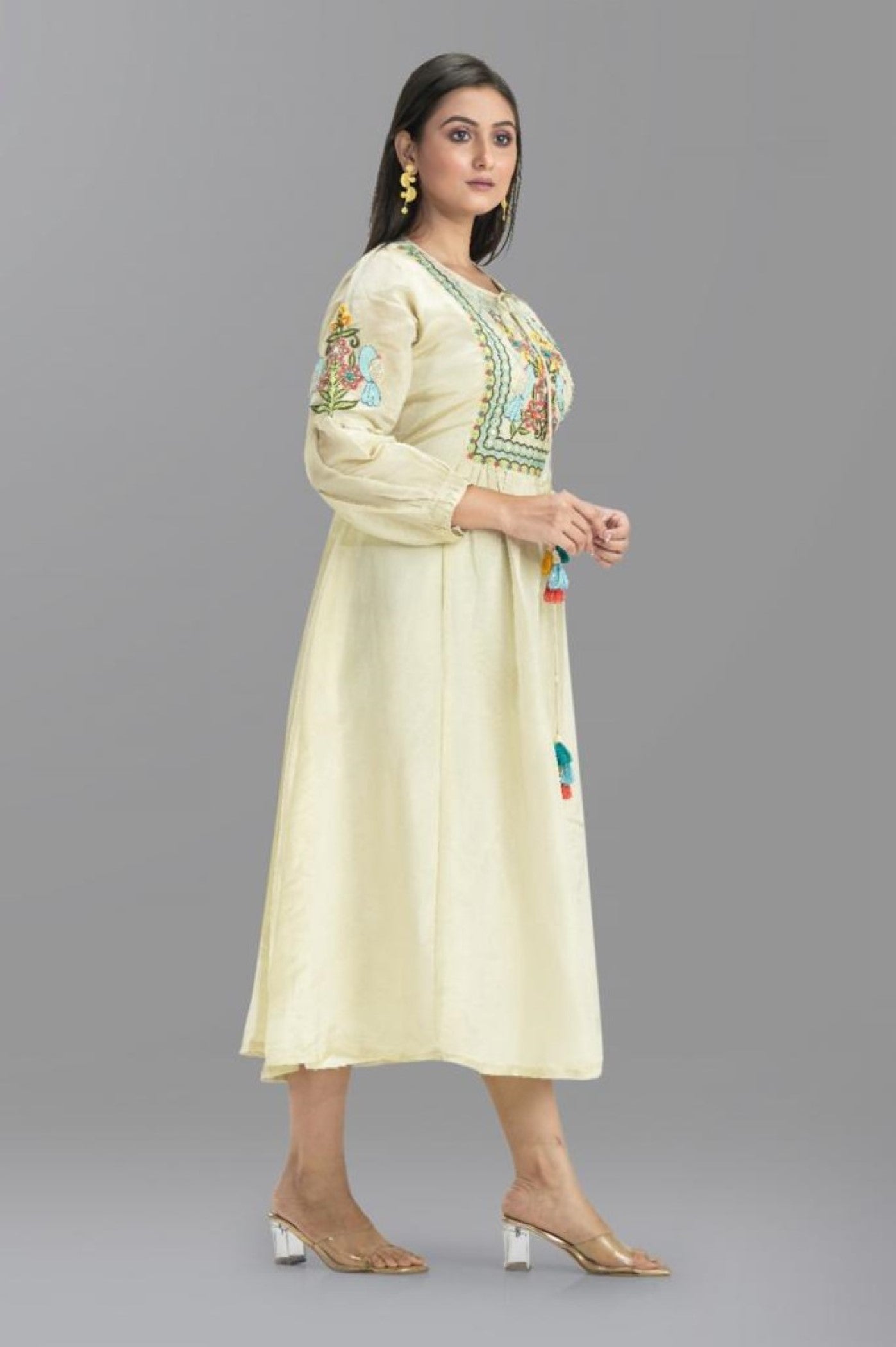 Pastel Yellow Cotton Silk Embroidered Dress