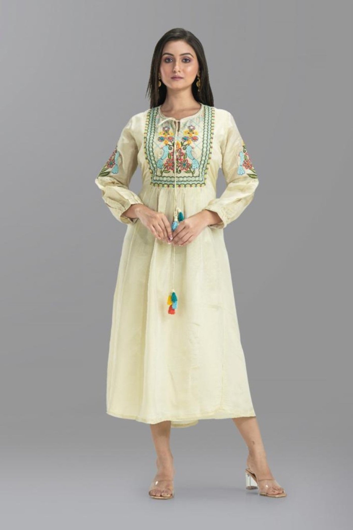 Pastel Yellow Cotton Silk Embroidered Dress