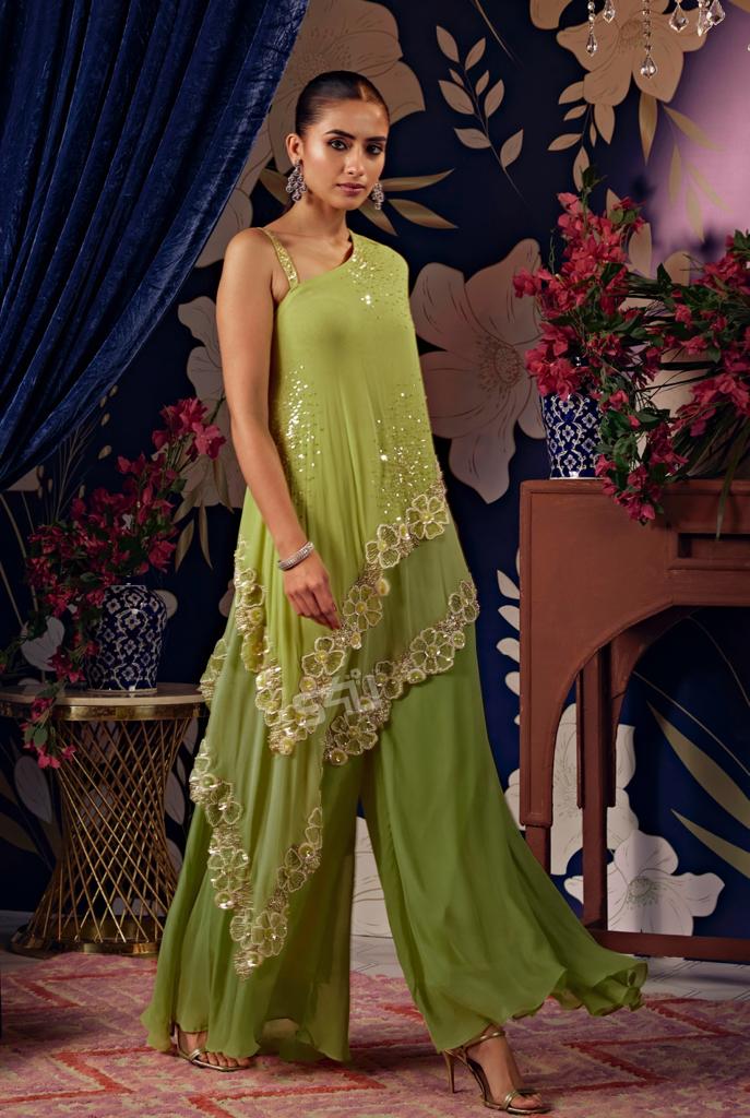 Spring Green Heavy Embellished Tunic & Palazzo