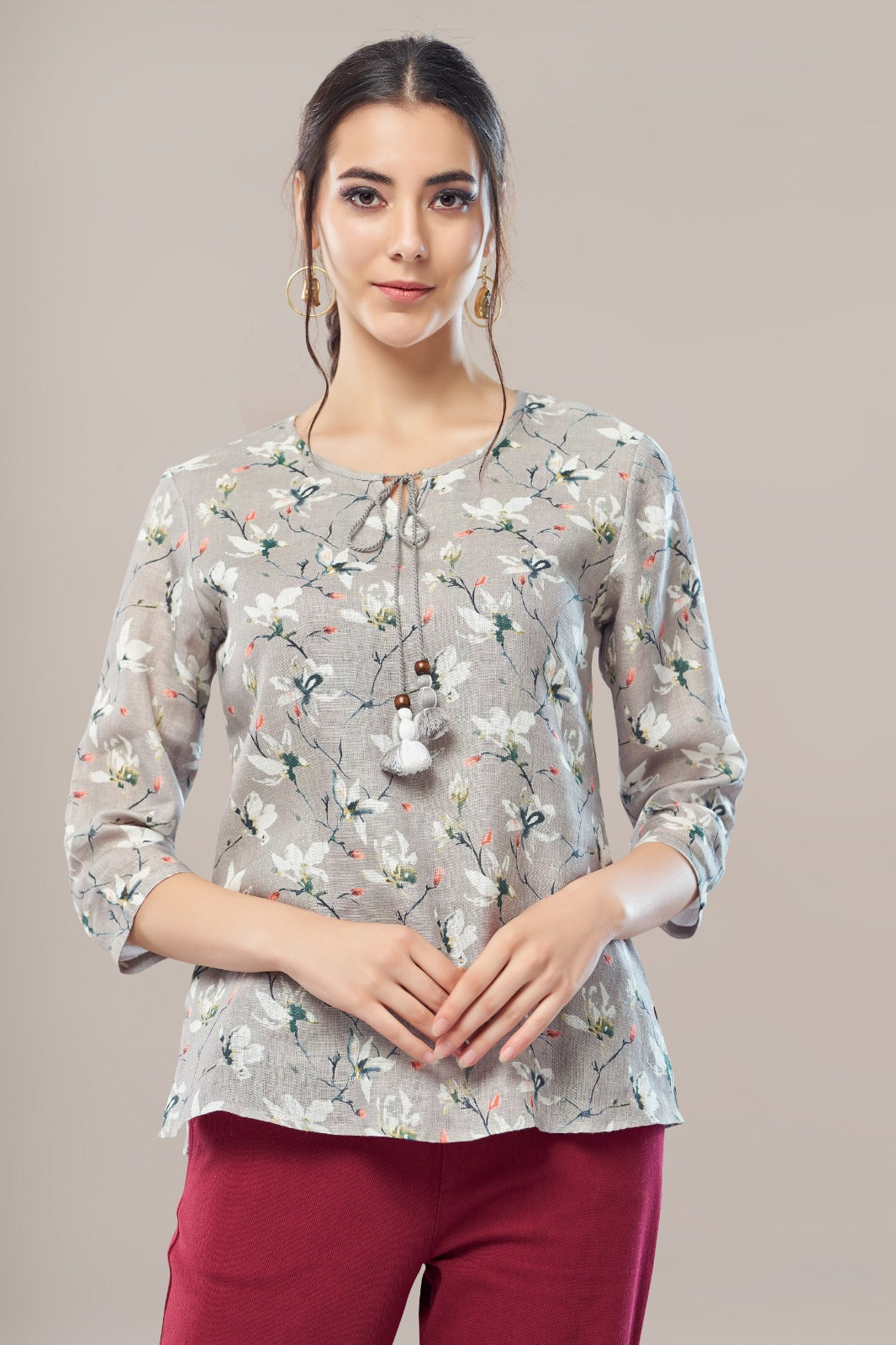 Grey Floral Printed German Linen Shirt