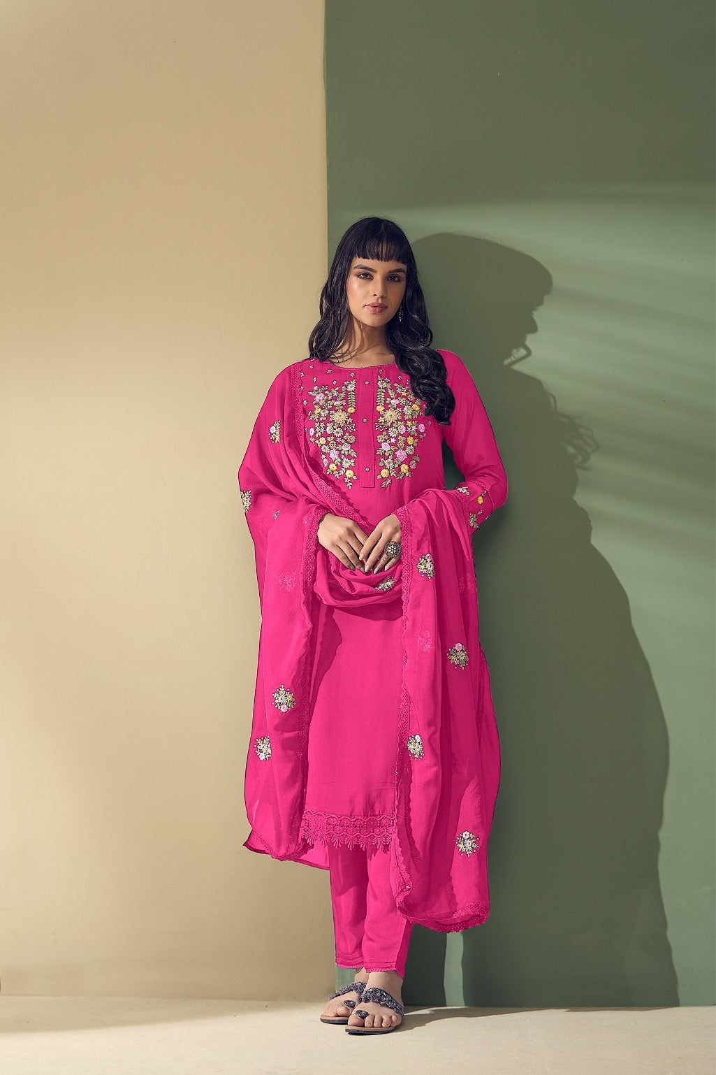Rani Pink Embroidered Premium Organza Silk Pants Set