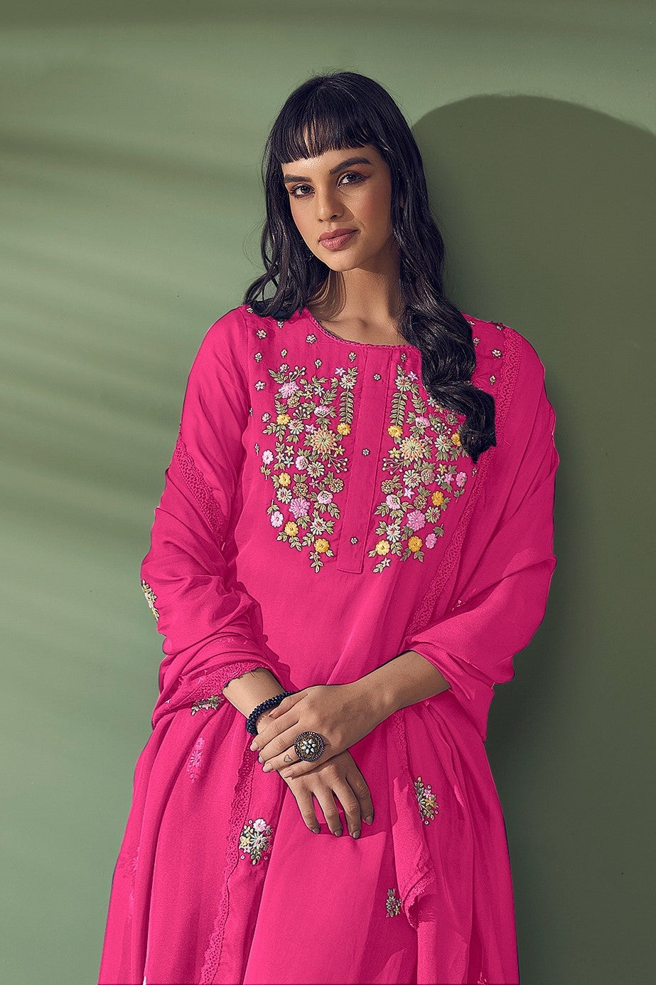 Rani Pink Embroidered Premium Organza Silk Pants Set