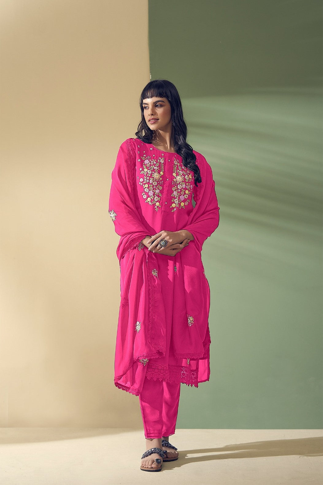 Rani Pink Embroidered Premium Organza Silk Pants Set