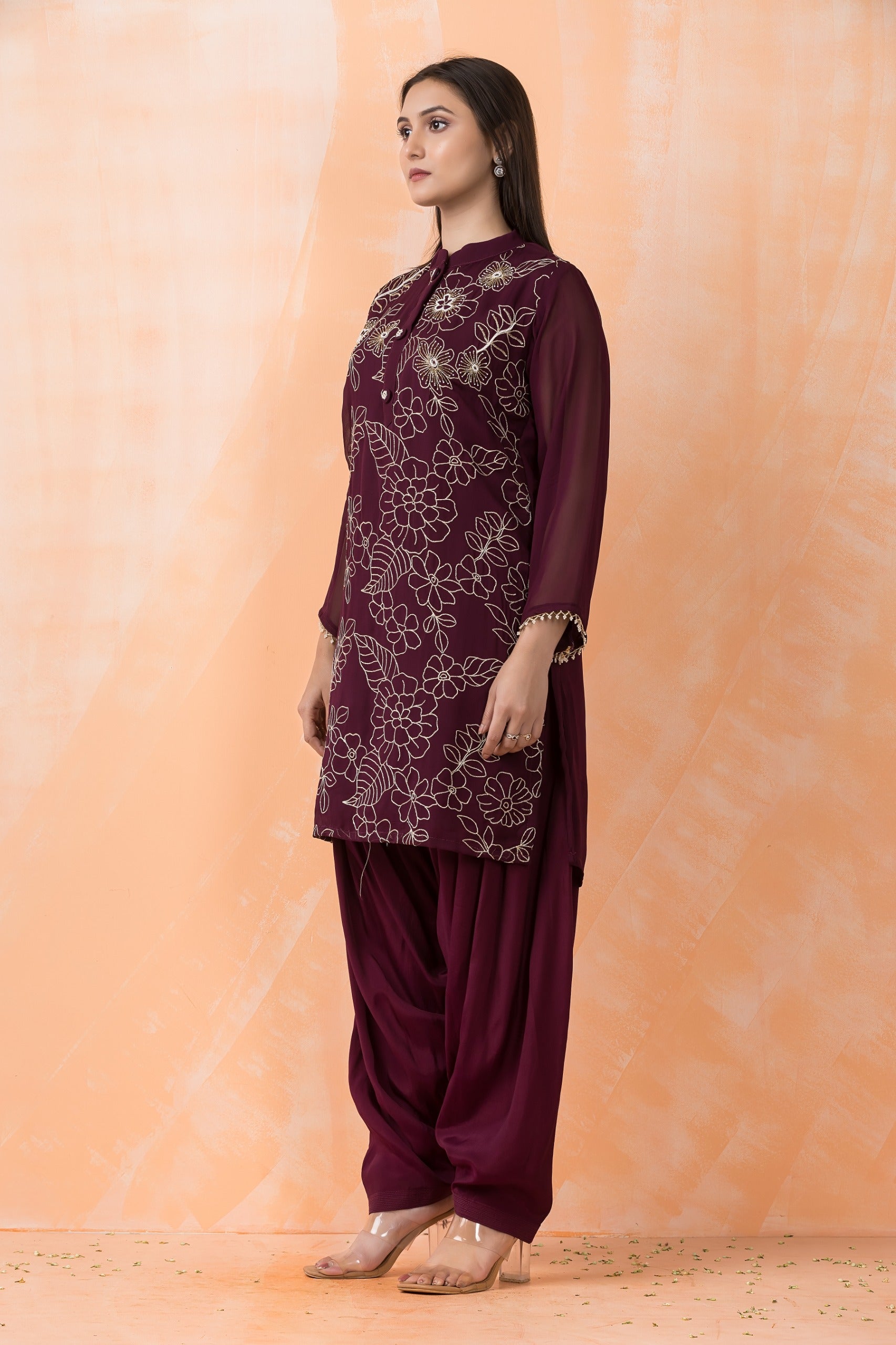 Wine Embroidered Georgette Silk Kurta Dhoti Set