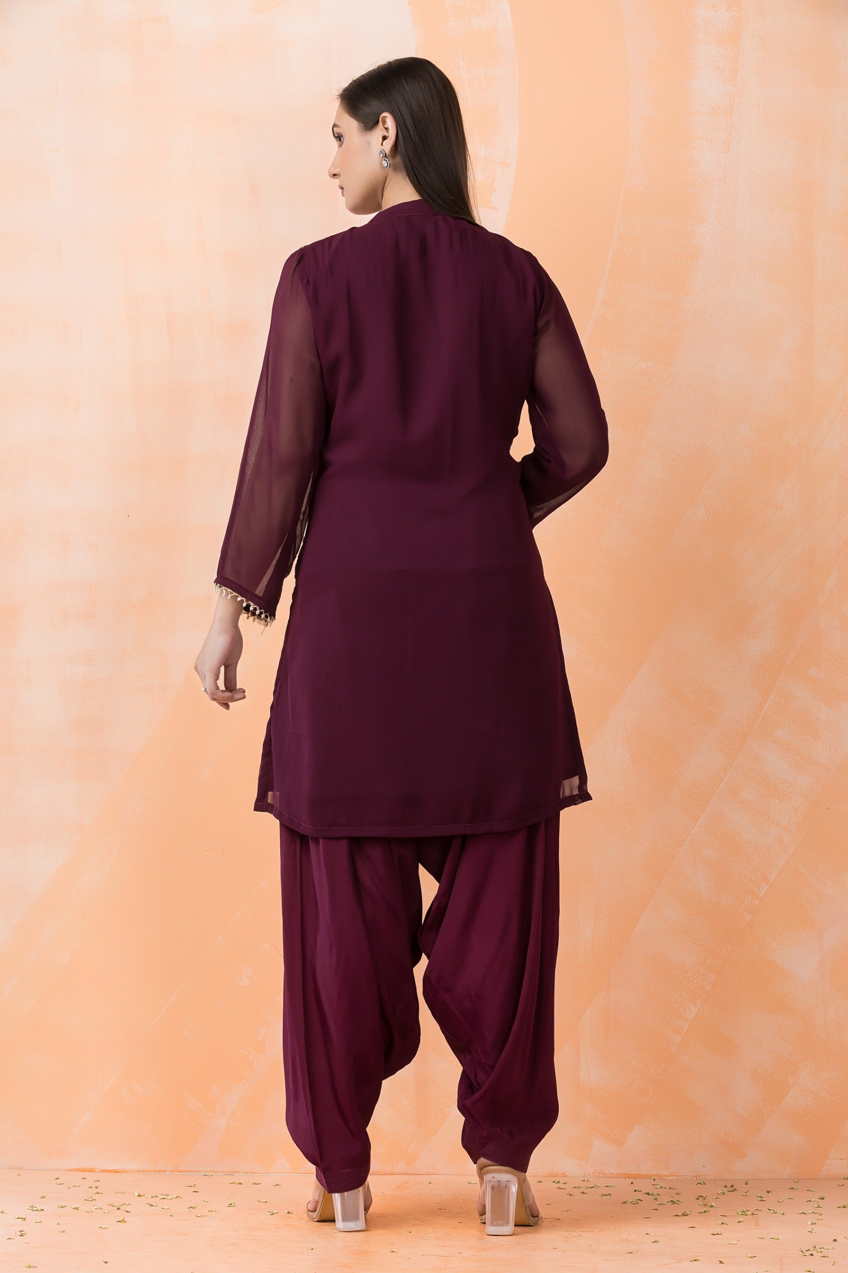 Wine Embroidered Georgette Silk Kurta Dhoti Set