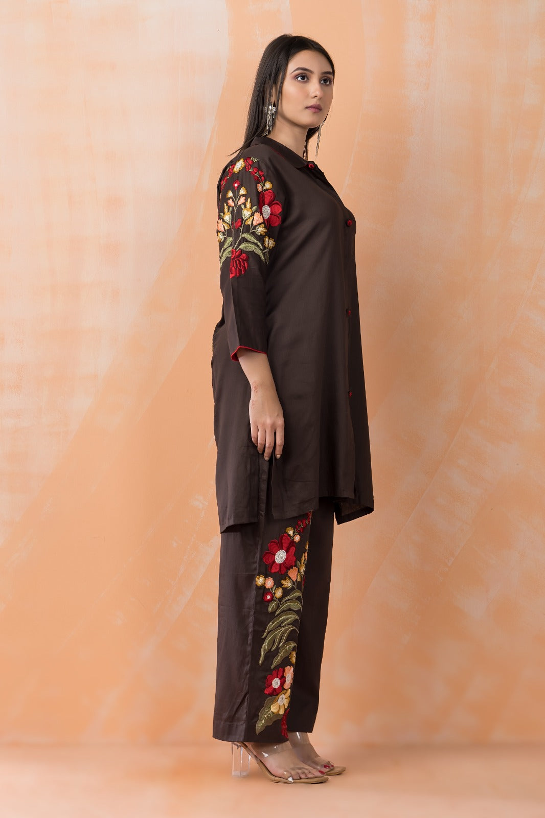 Brown Embroidered Cotton Satin Co-Ord Set