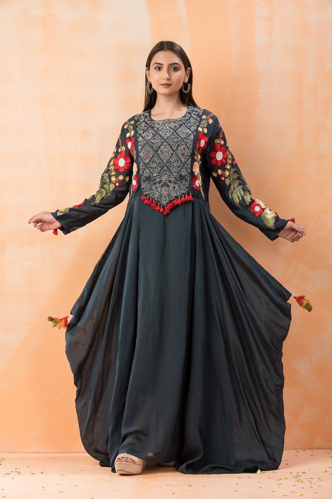 Black Embroidered Pure Silk Gown