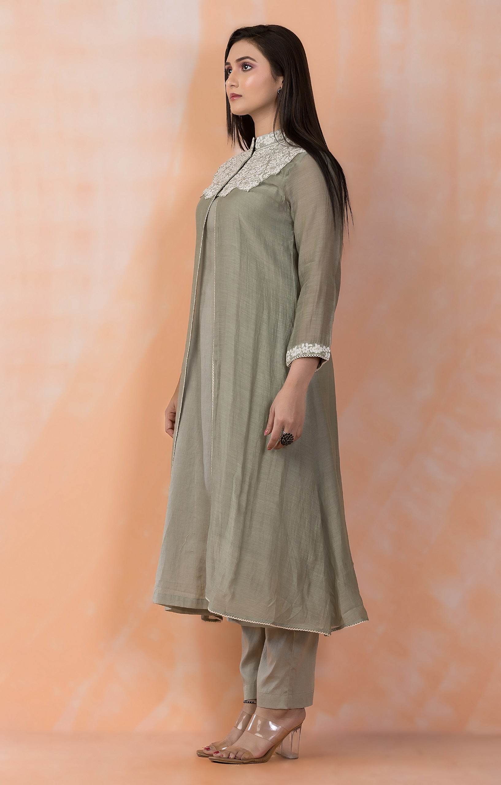 Sage Green Embroidered Mul-Chanderi Silk Kurta Set