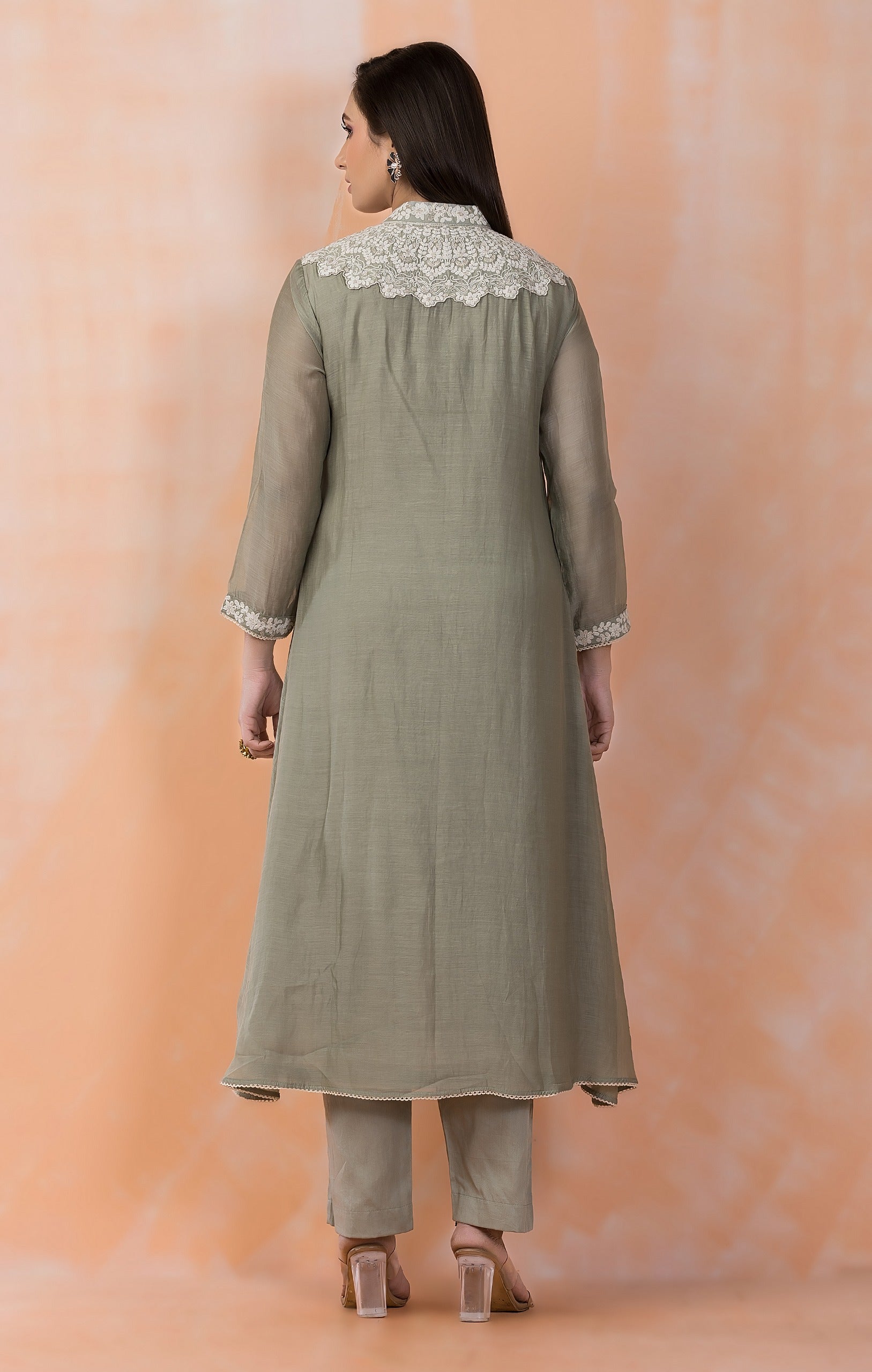 Sage Green Embroidered Mul-Chanderi Silk Kurta Set