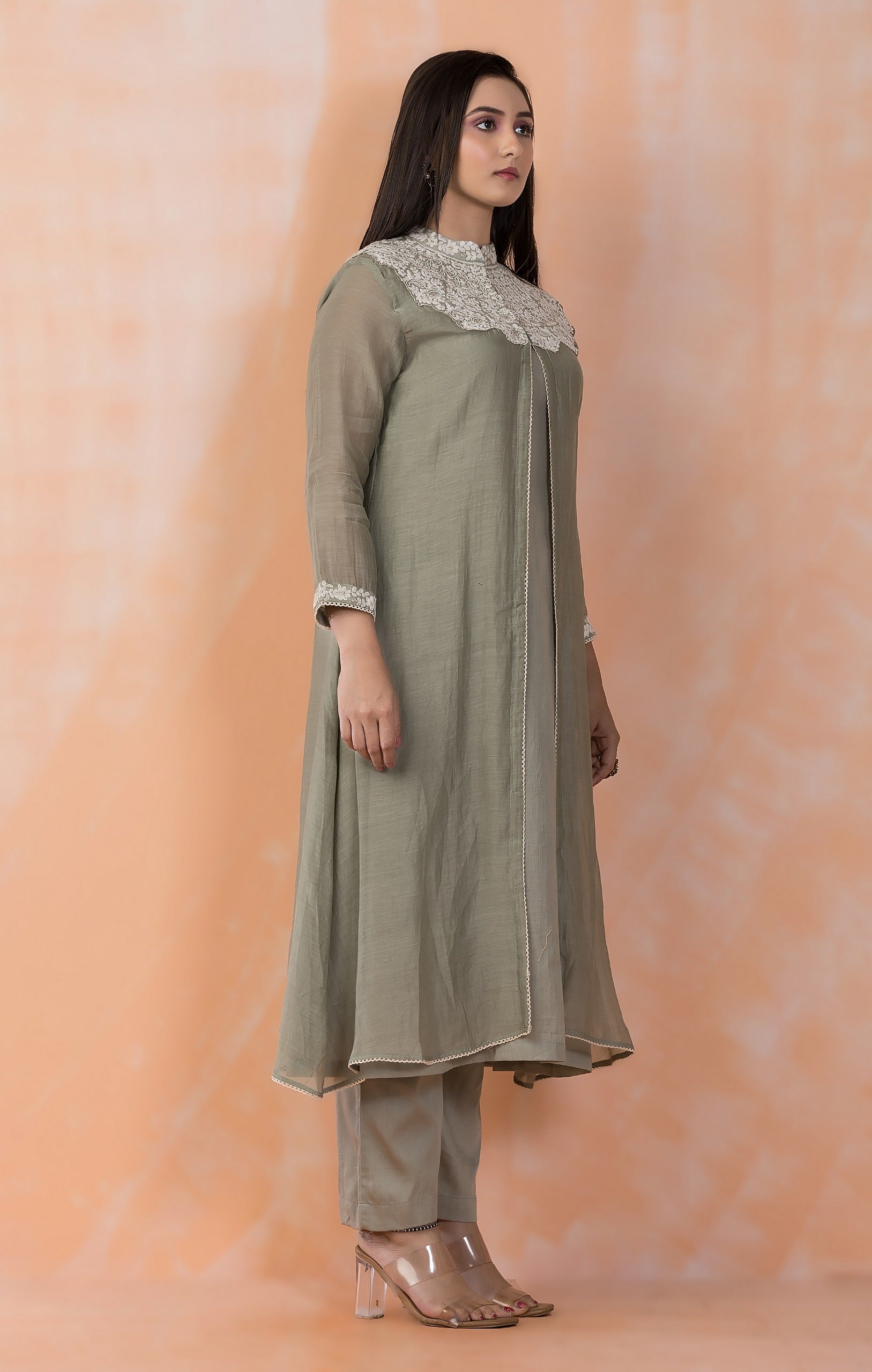 Sage Green Embroidered Mul-Chanderi Silk Kurta Set