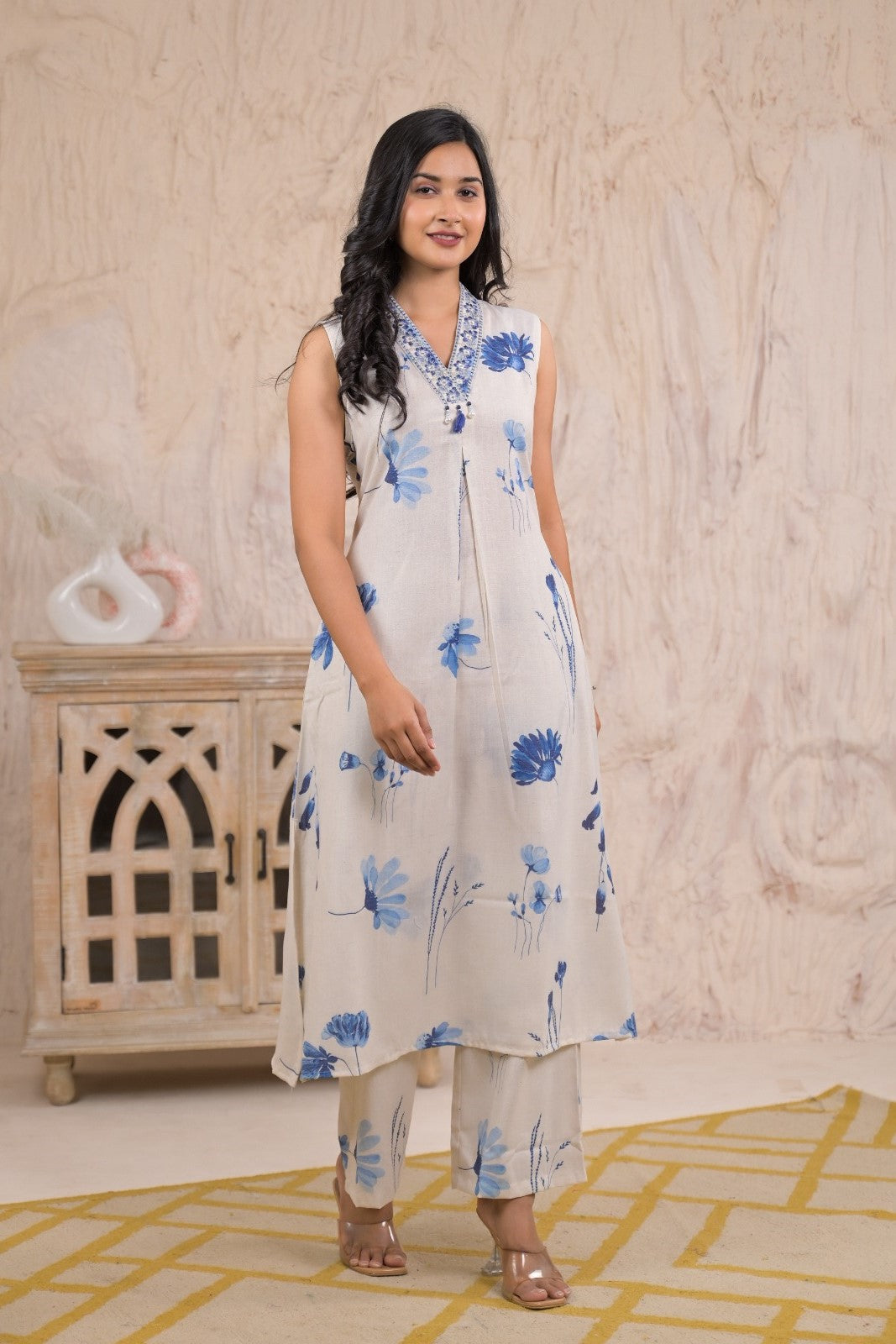 White Linen & Florals Kurta Set