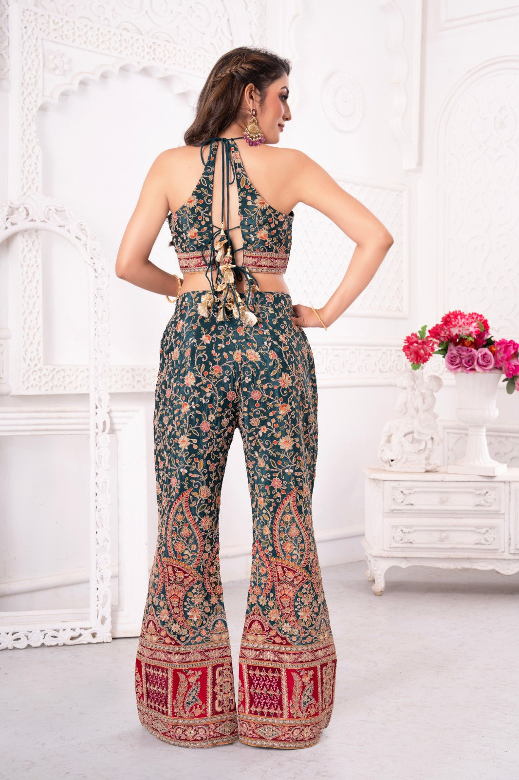 Teal Traditional Handwork Palazzo Set