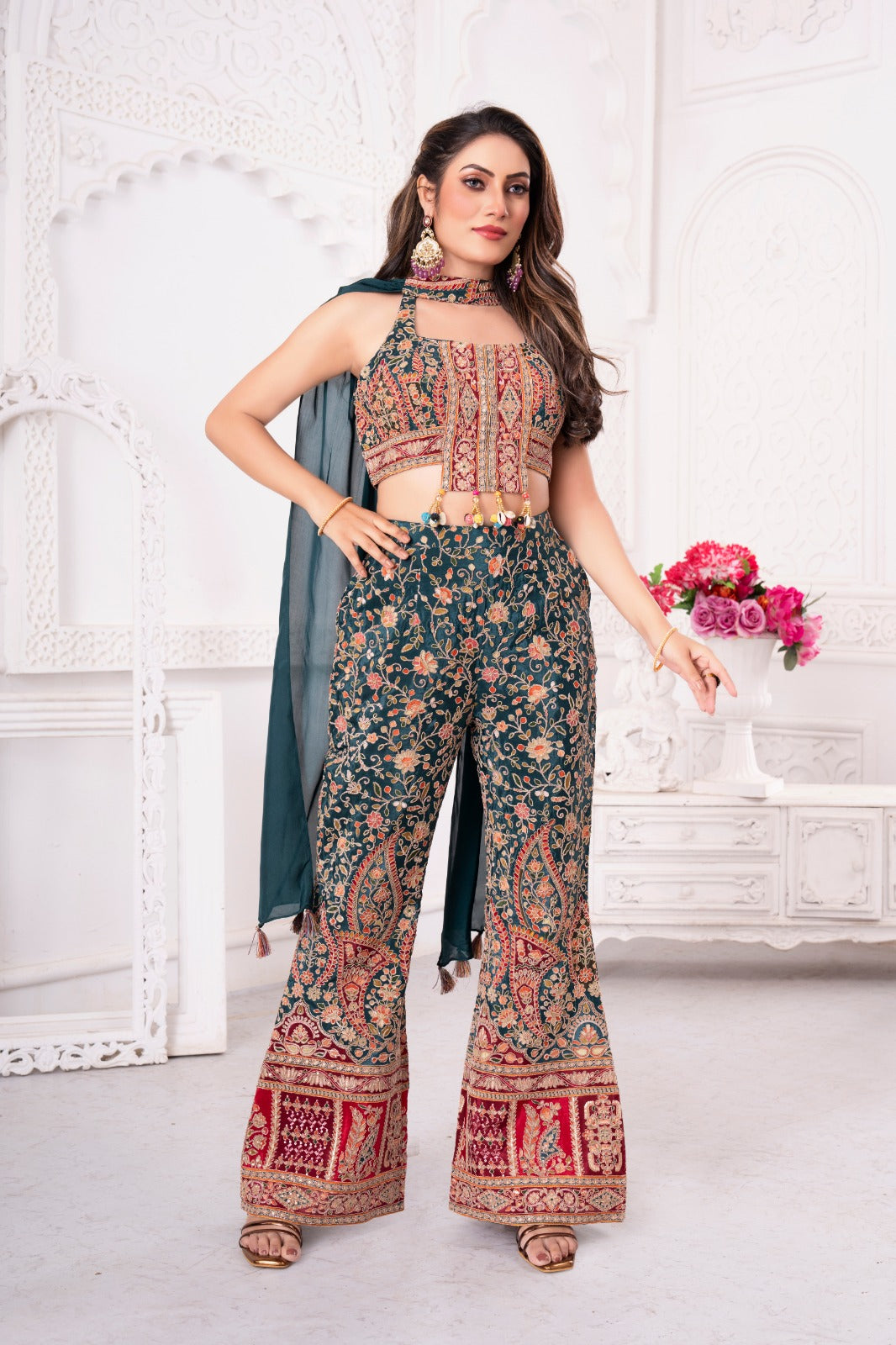 Teal Traditional Handwork Palazzo Set