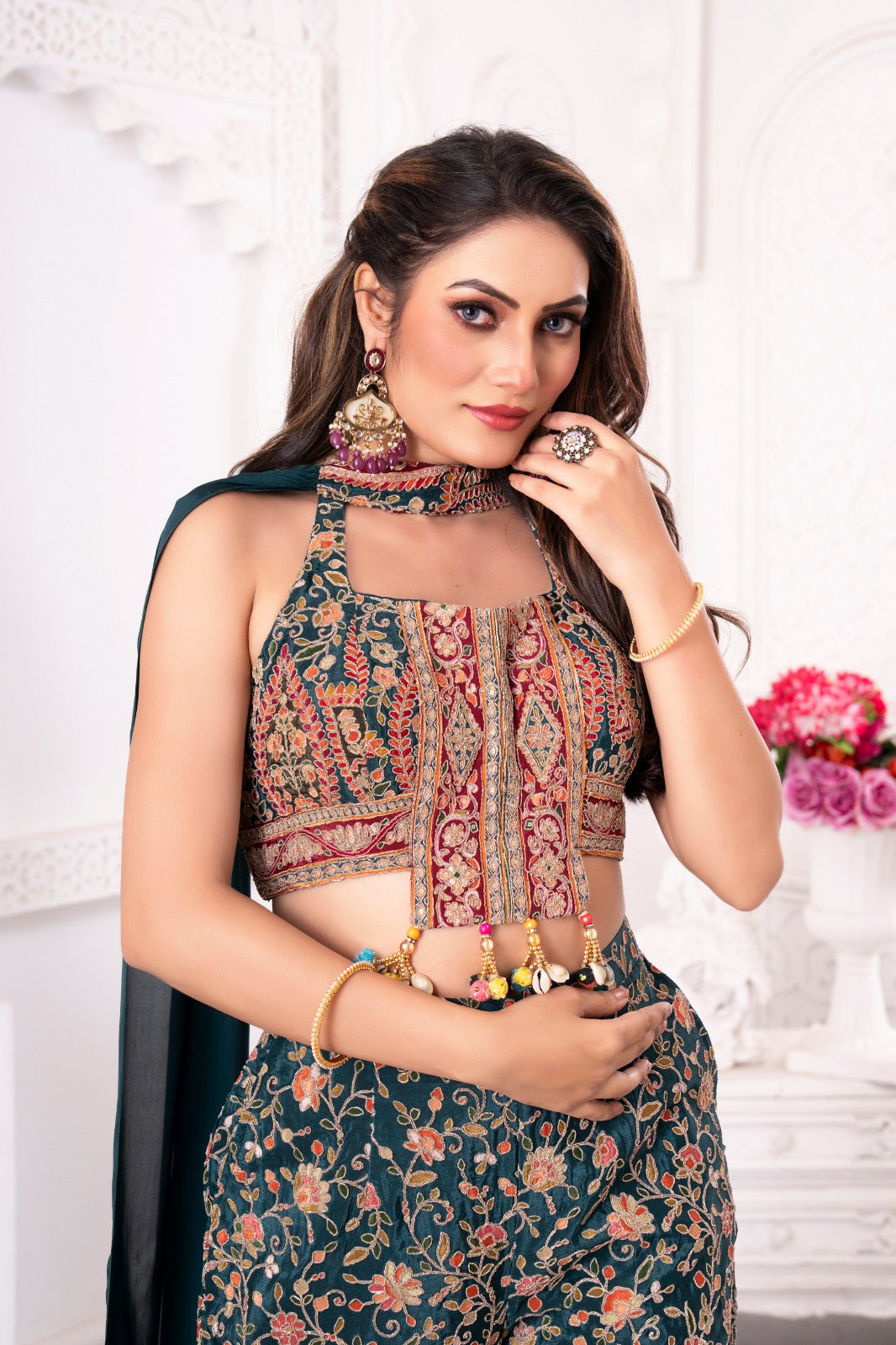 Teal Traditional Handwork Palazzo Set