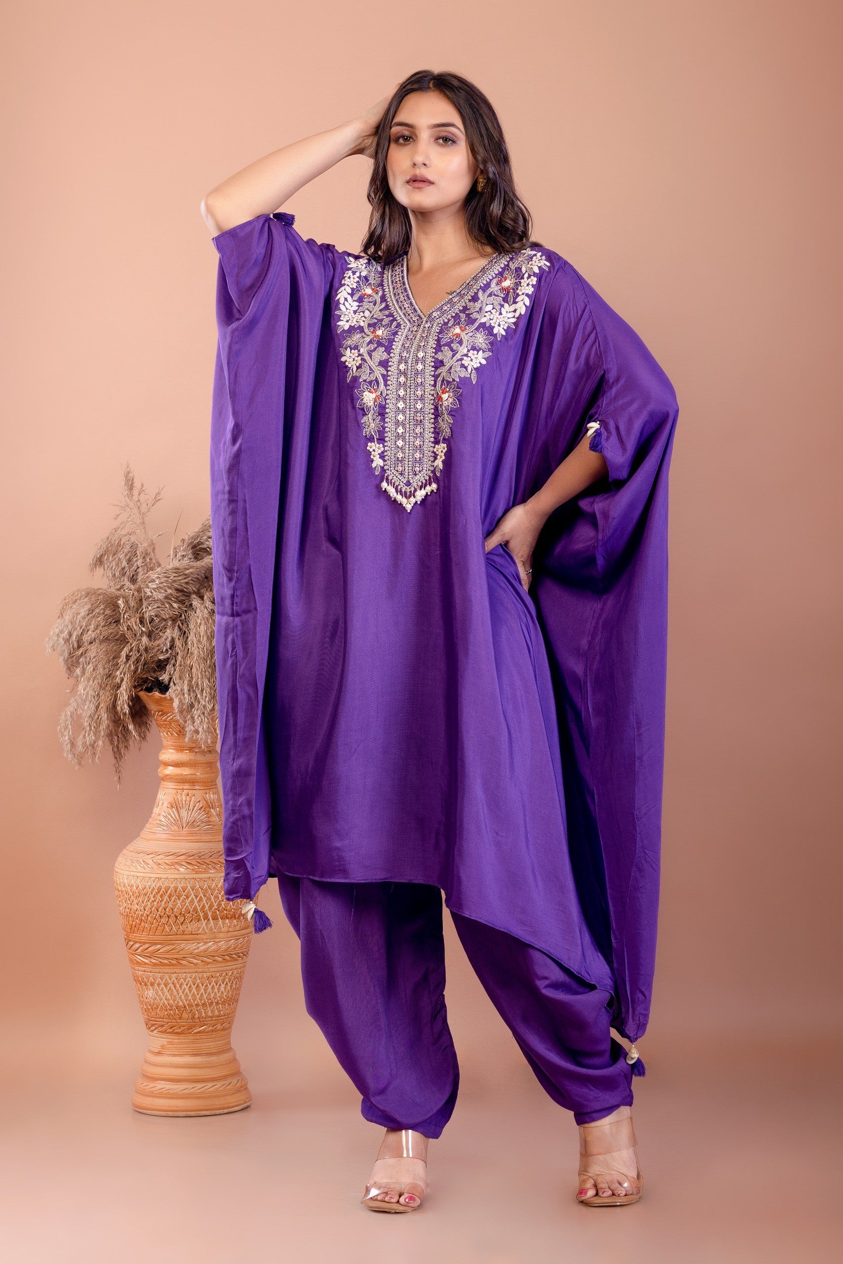 Purple Embroidered Muslin Silk Kurta Set