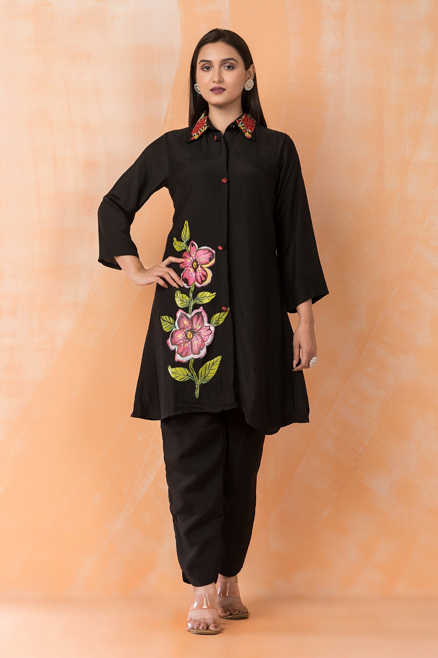 Black Printed Muslin Silk Co-Ord Set