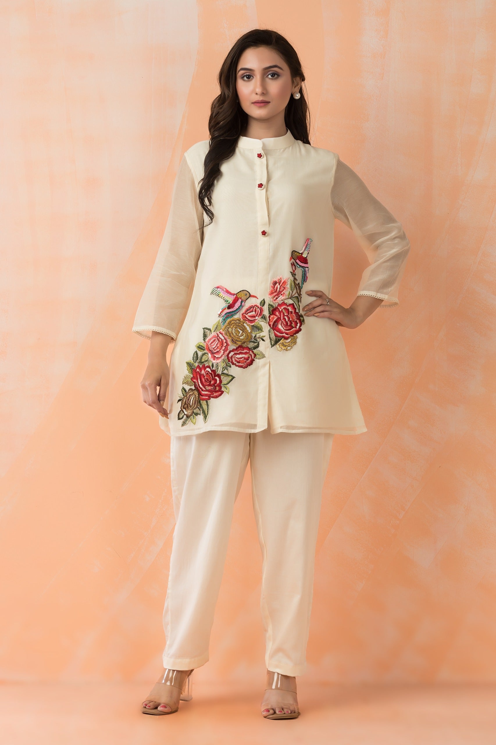 Pastel Cream Birds & Roses Handwork Co-Ord Set