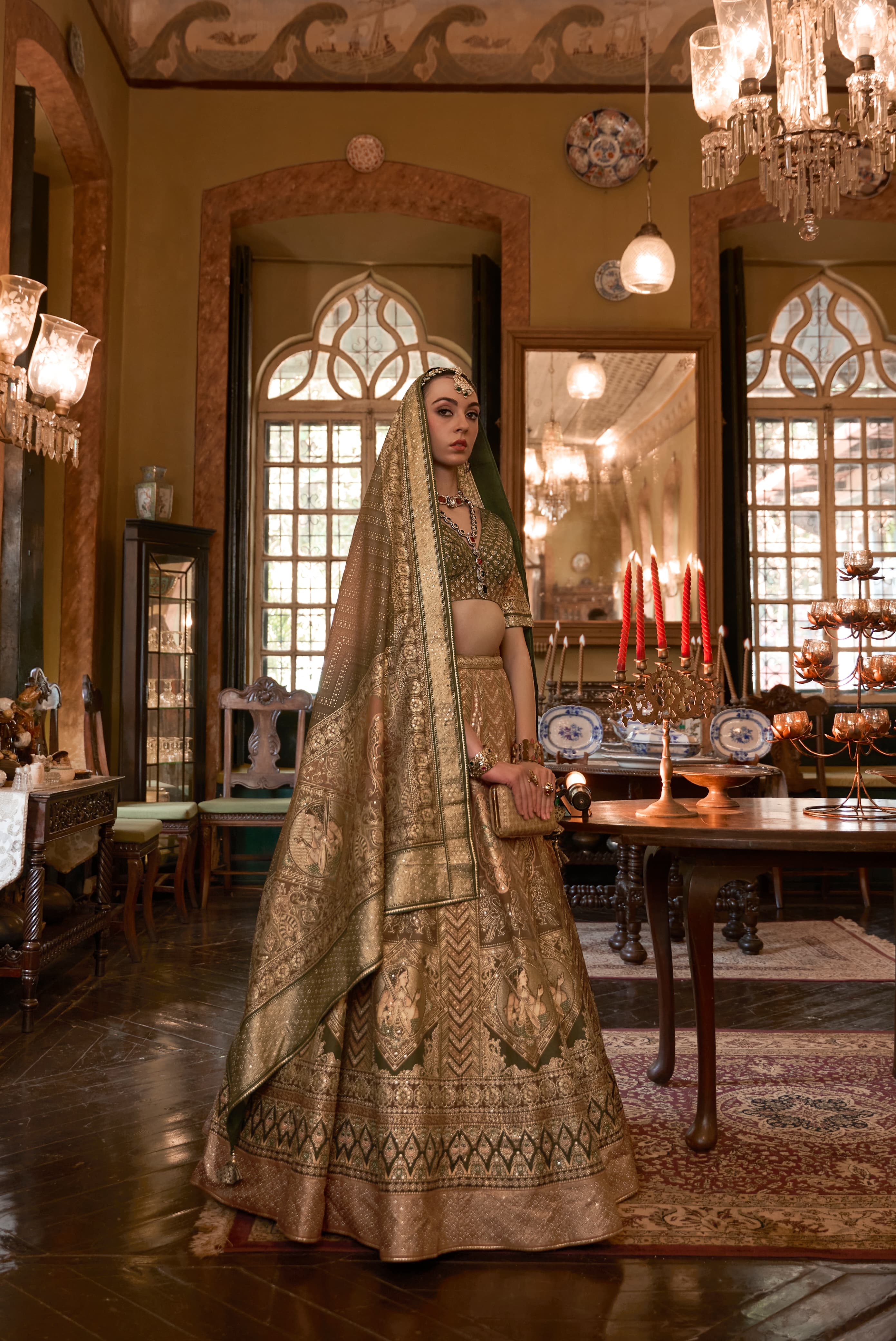 Olive Green Embroidered Premium Silk Lehenga Set