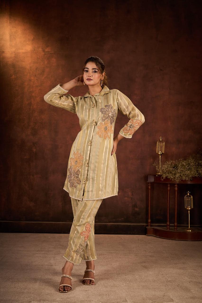 Vintage Gold Embellished Tissue Jacquard Co-Ord Set