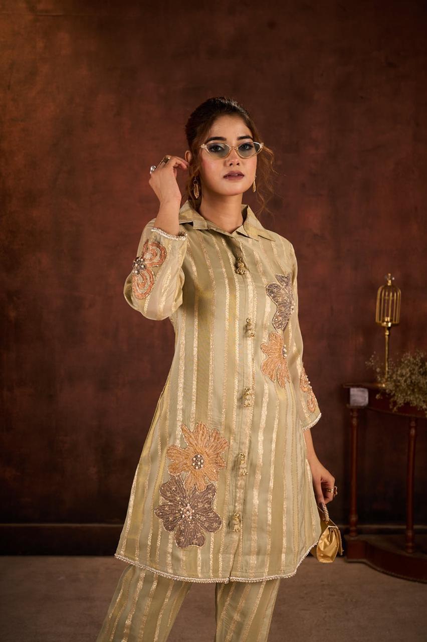 Vintage Gold Embellished Tissue Jacquard Co-Ord Set