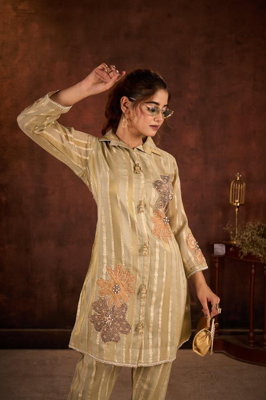 Vintage Gold Embellished Tissue Jacquard Co-Ord Set