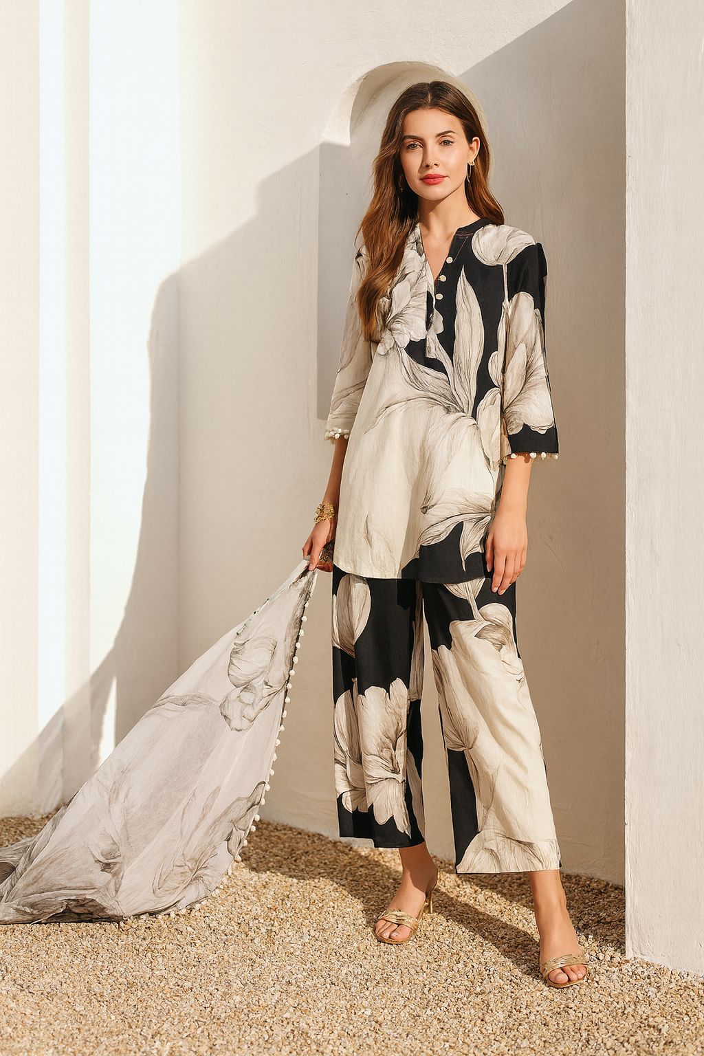 Monochrome Floral Pants Set