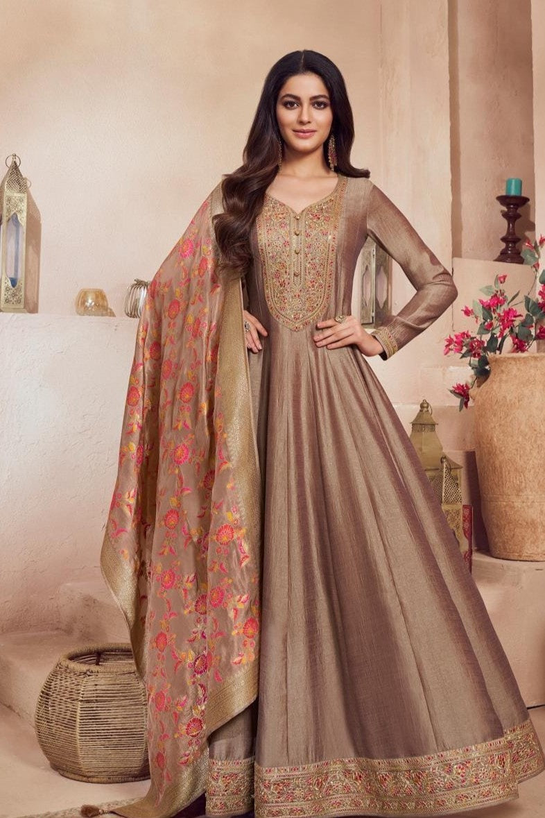 Antique Copper Embellished Premium Silk Anarkali Set