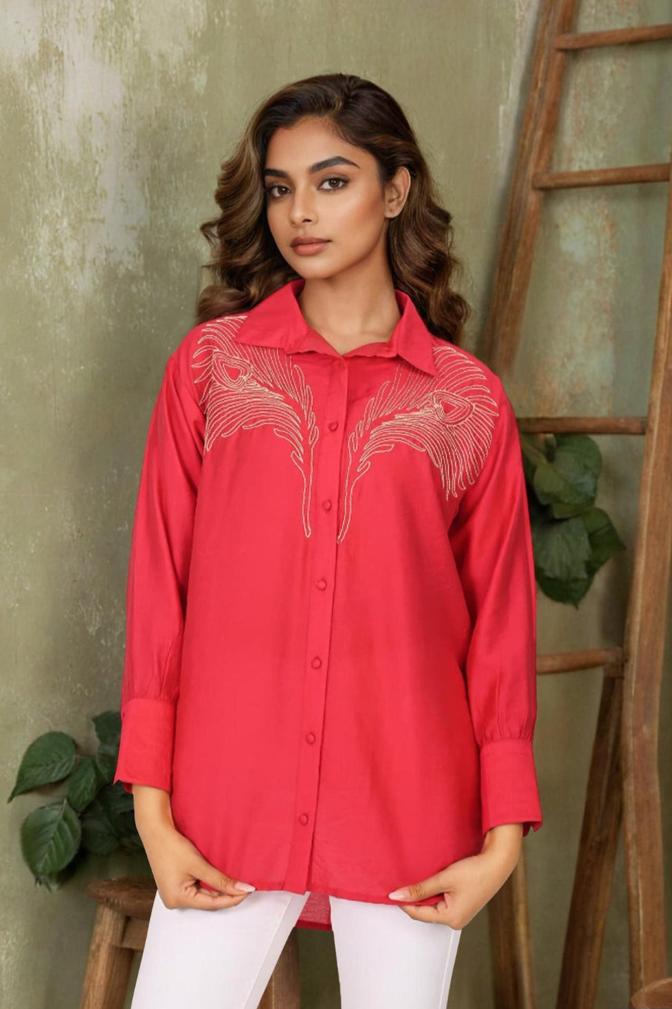 Coral Red Chanderi Silk Embroidered Shirt