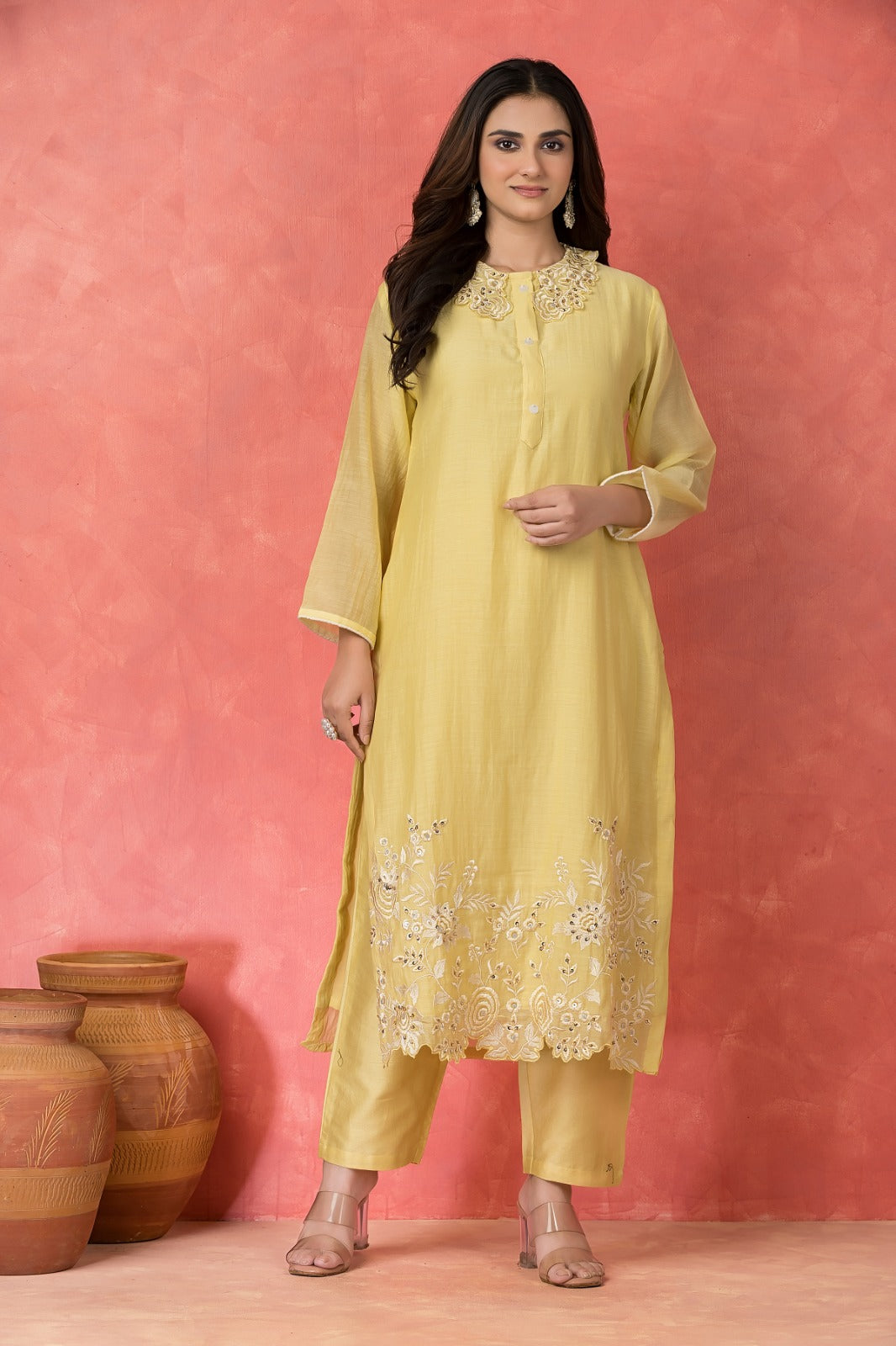 Mellow Yellow Embroidered Mulchanderi Kurta Set
