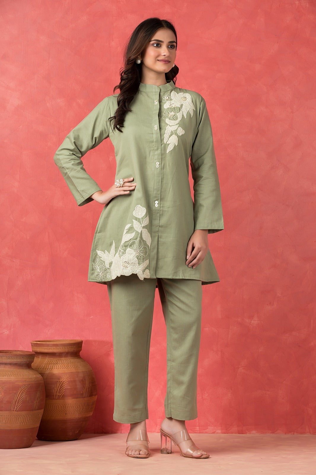 Sage Green Embroidered Cotton Flex Co-Ord Set