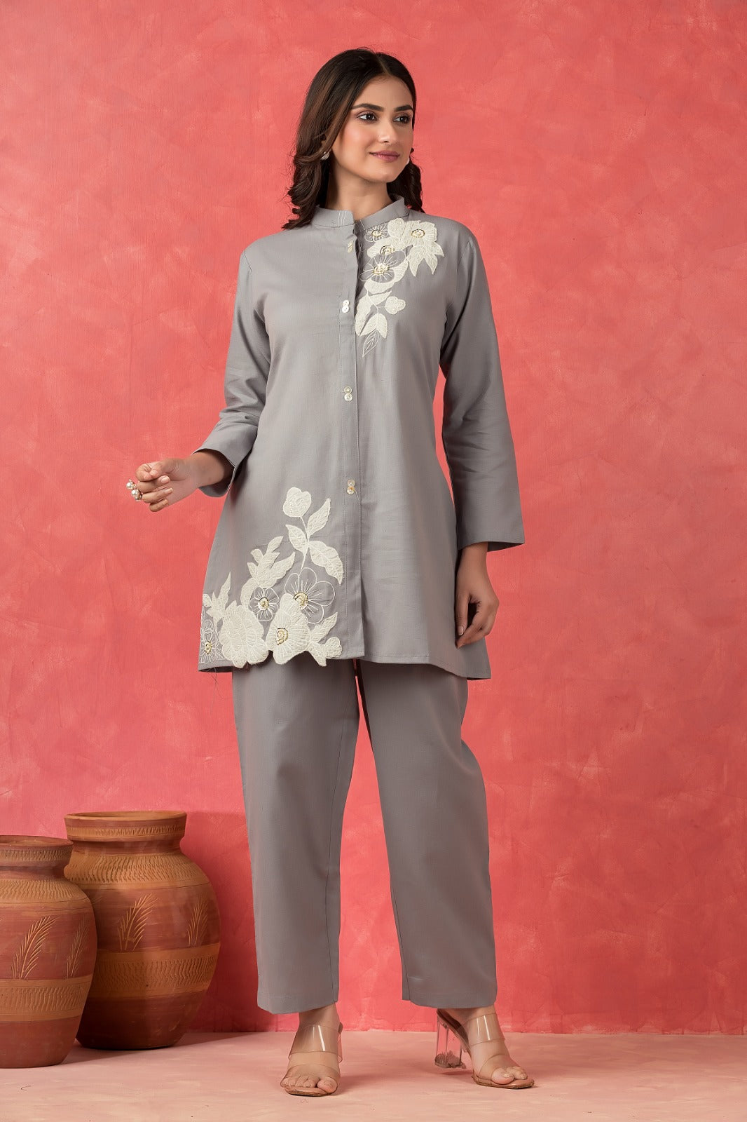 Dove Grey Embroidered Cotton Flex Co-Ord Set