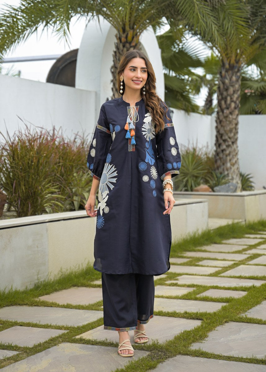 Blue Premium Silk Katha Handwork Co-Ord Set