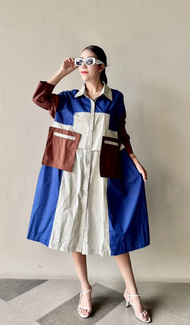 Royal Blue Vertical Panel Color Blocking Tunic Dress