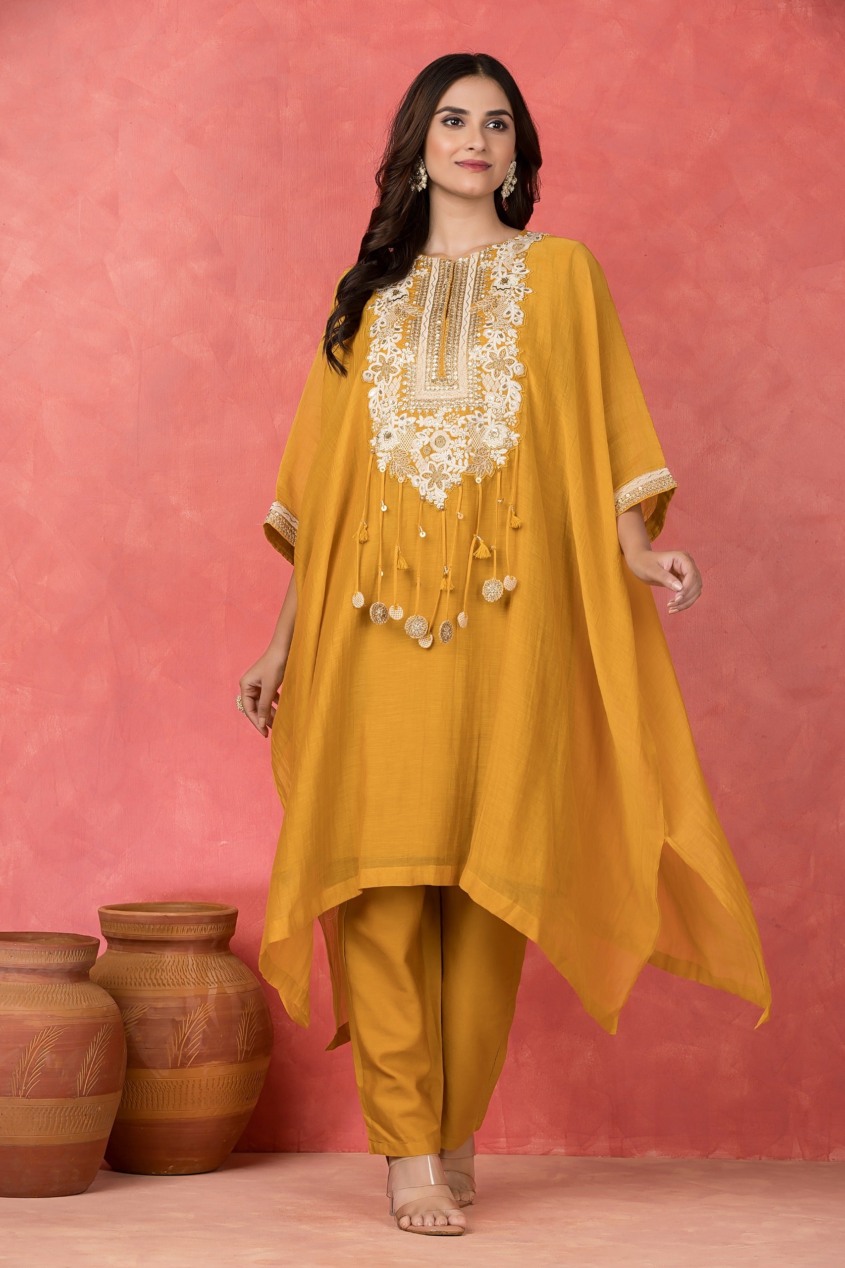 Amber Embellished Mul-Chanderi Kaftan Set