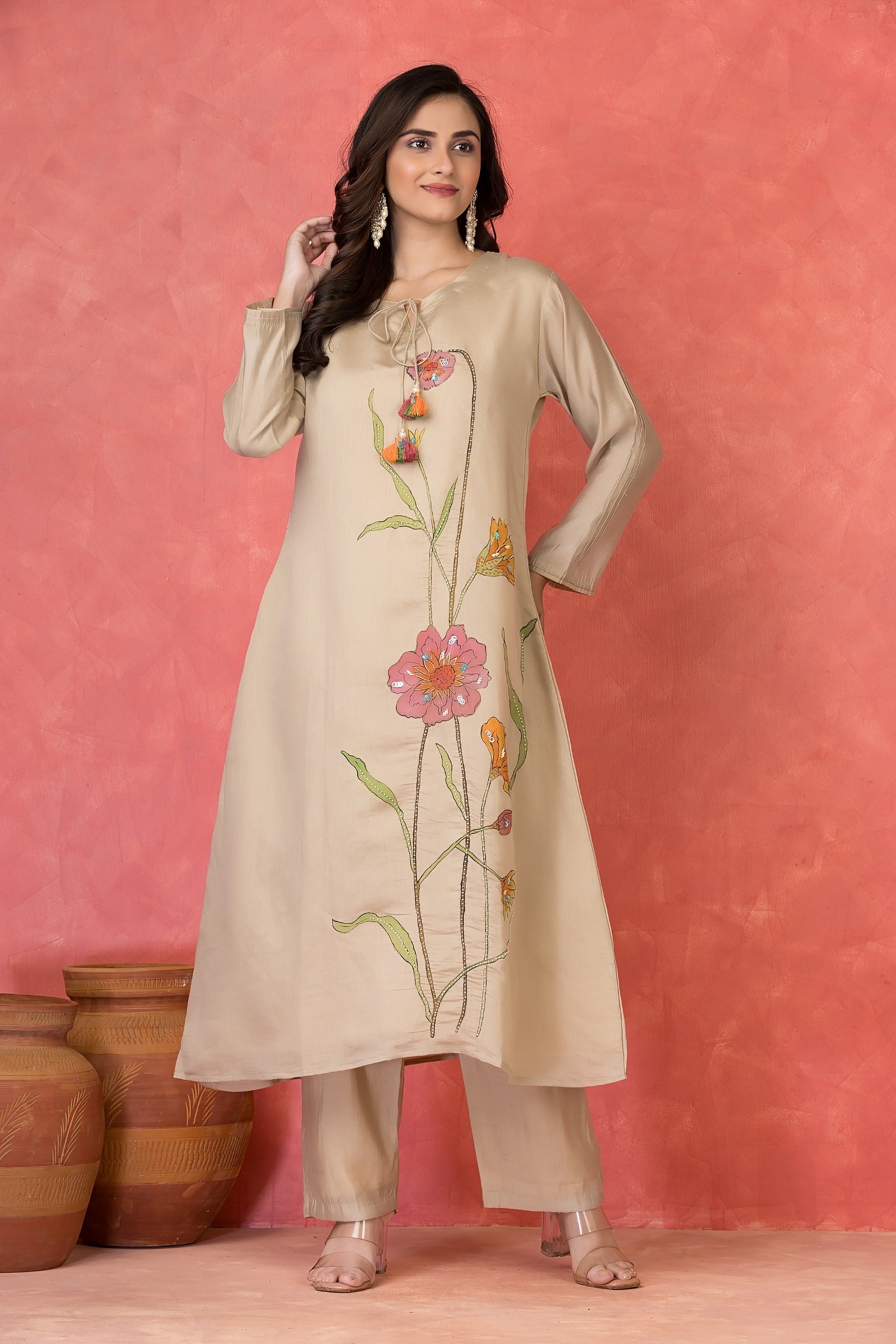 Light Beige Embellished Premium Silk Kurta Set
